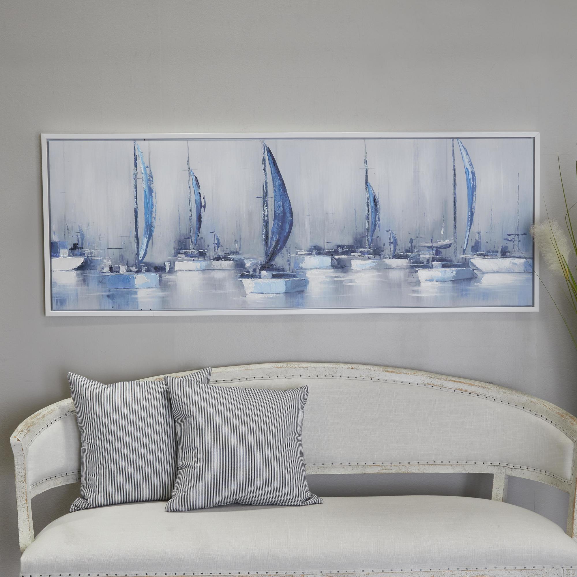 Sail Boat Blue Canvas Living Room Framed Wall Art with White Frame