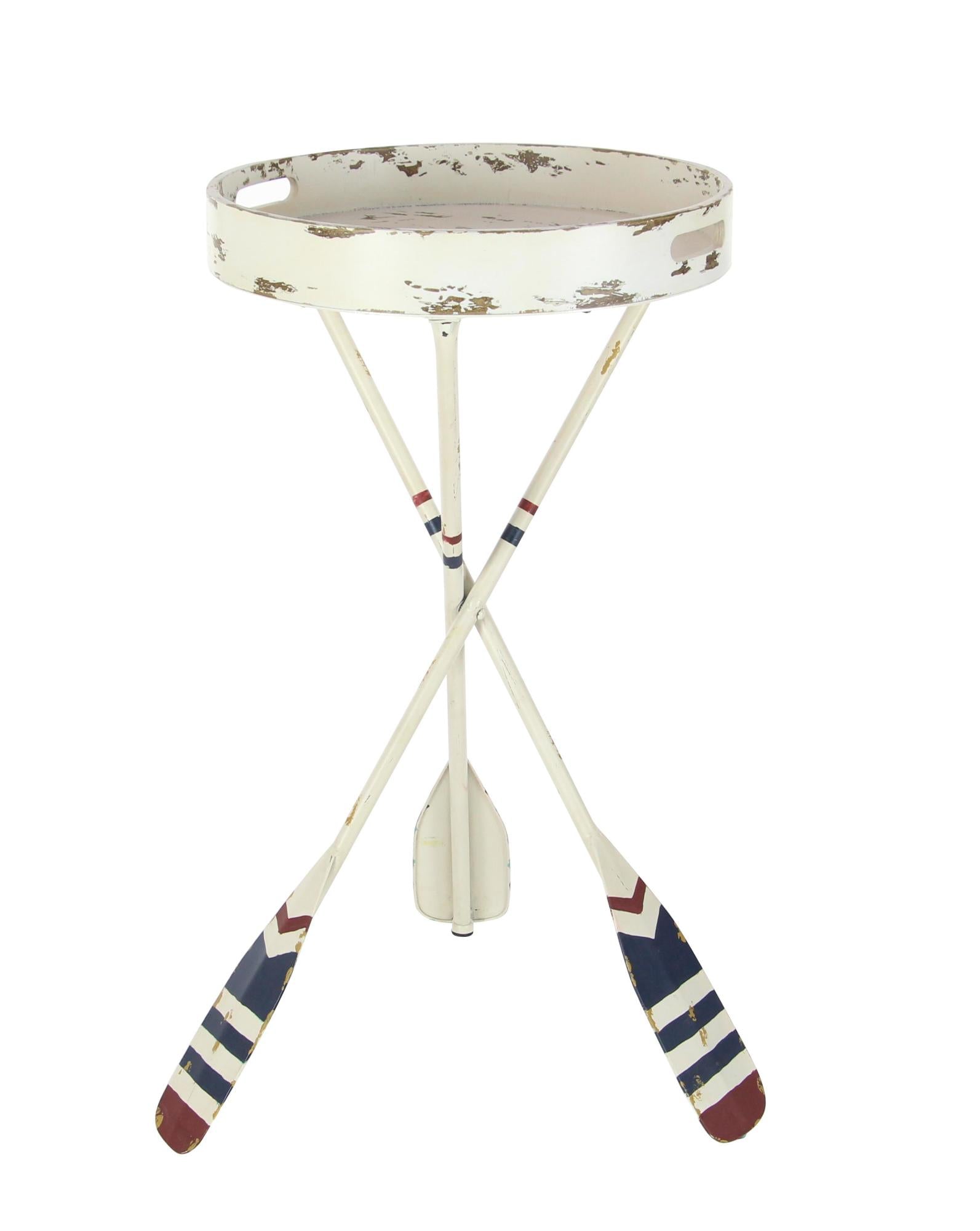 Paddle White Metal Distressed Striped Side End Accent Table with Navy and Red Striped Oar Legs