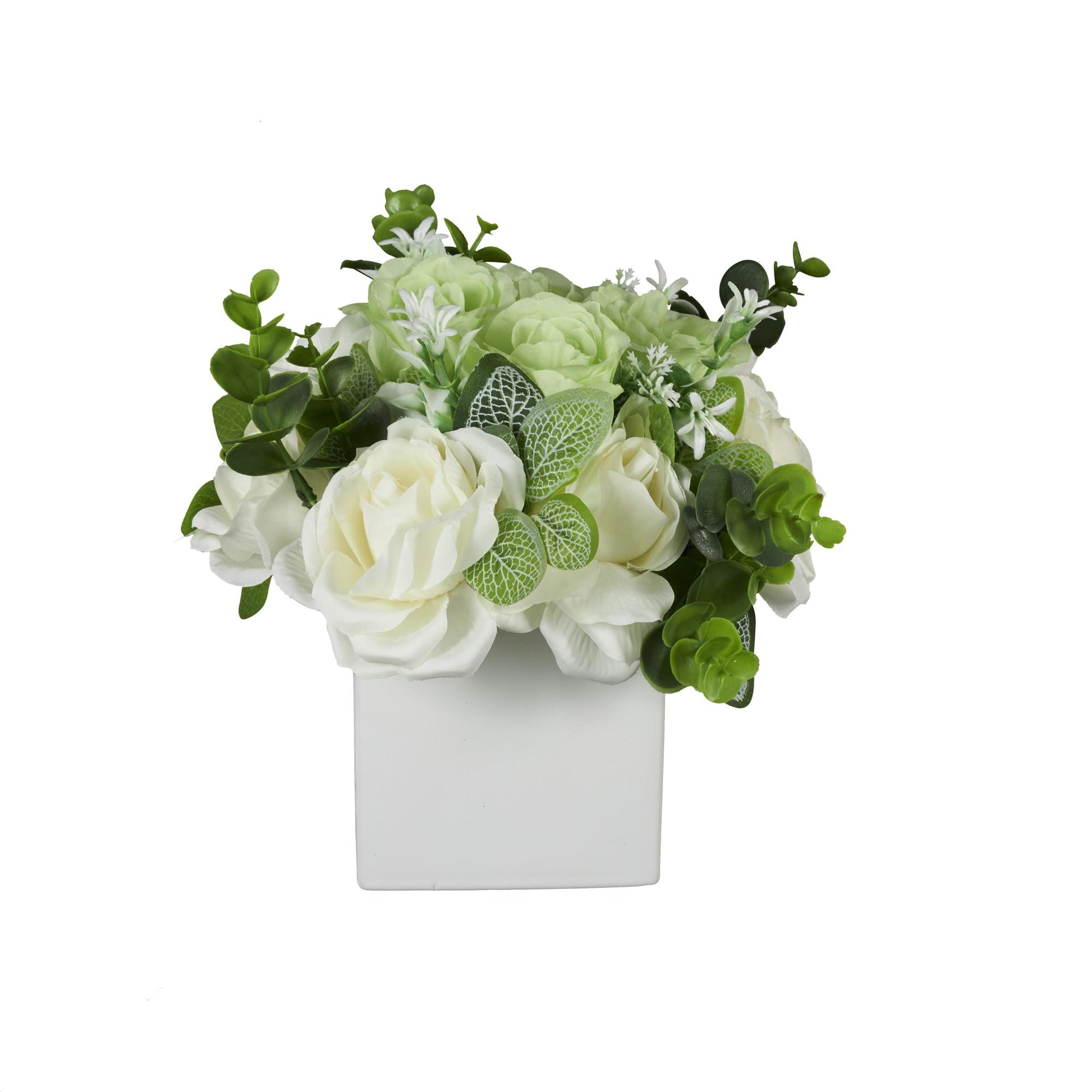 Hydrangea and Pom Pom White Fabric Indoor Outdoor Artificial Flower with Green Leaves and Square Ceramic Vase