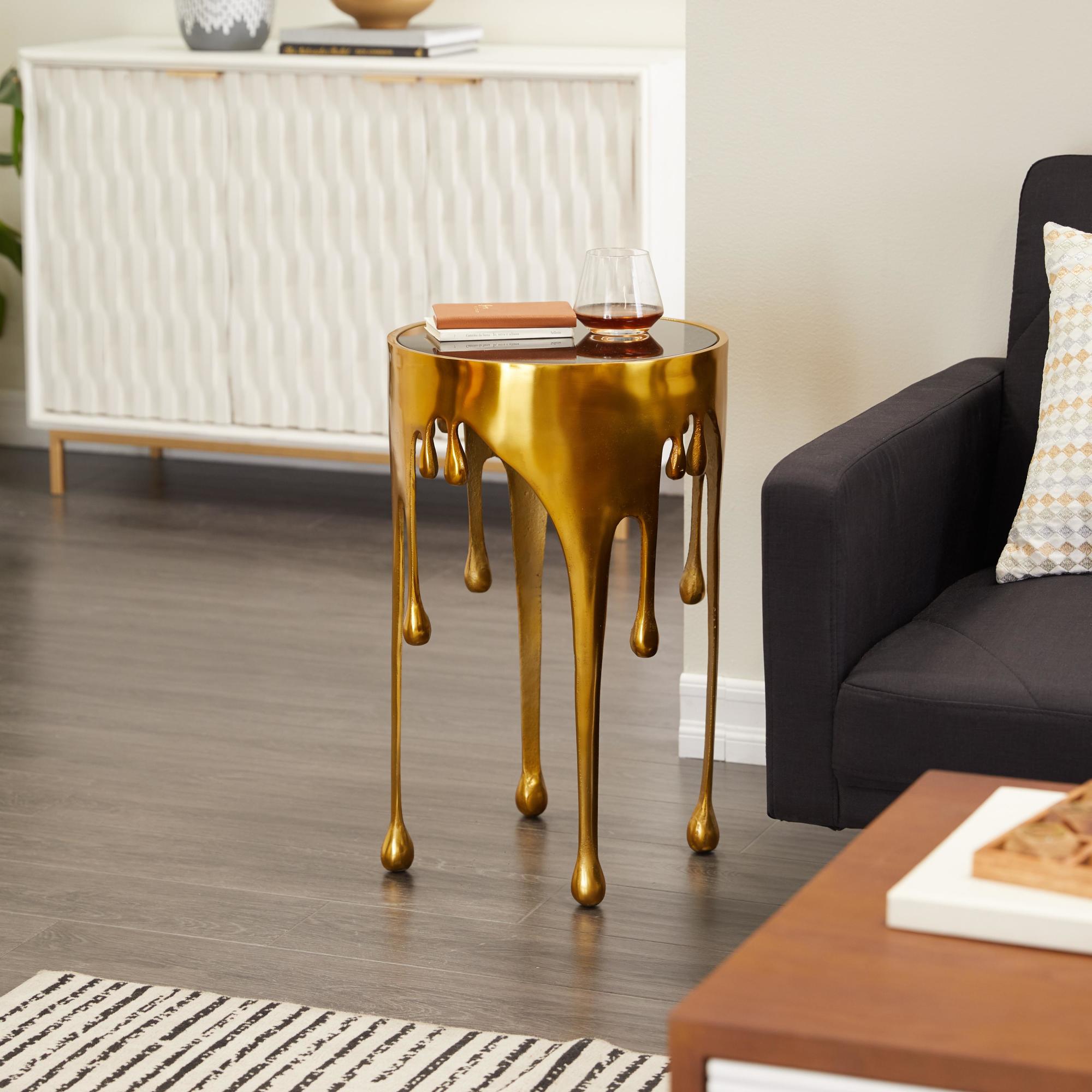 Abstract Aluminum Metal Drip Side End Accent Table with Melting Design and Shaded Glass Top