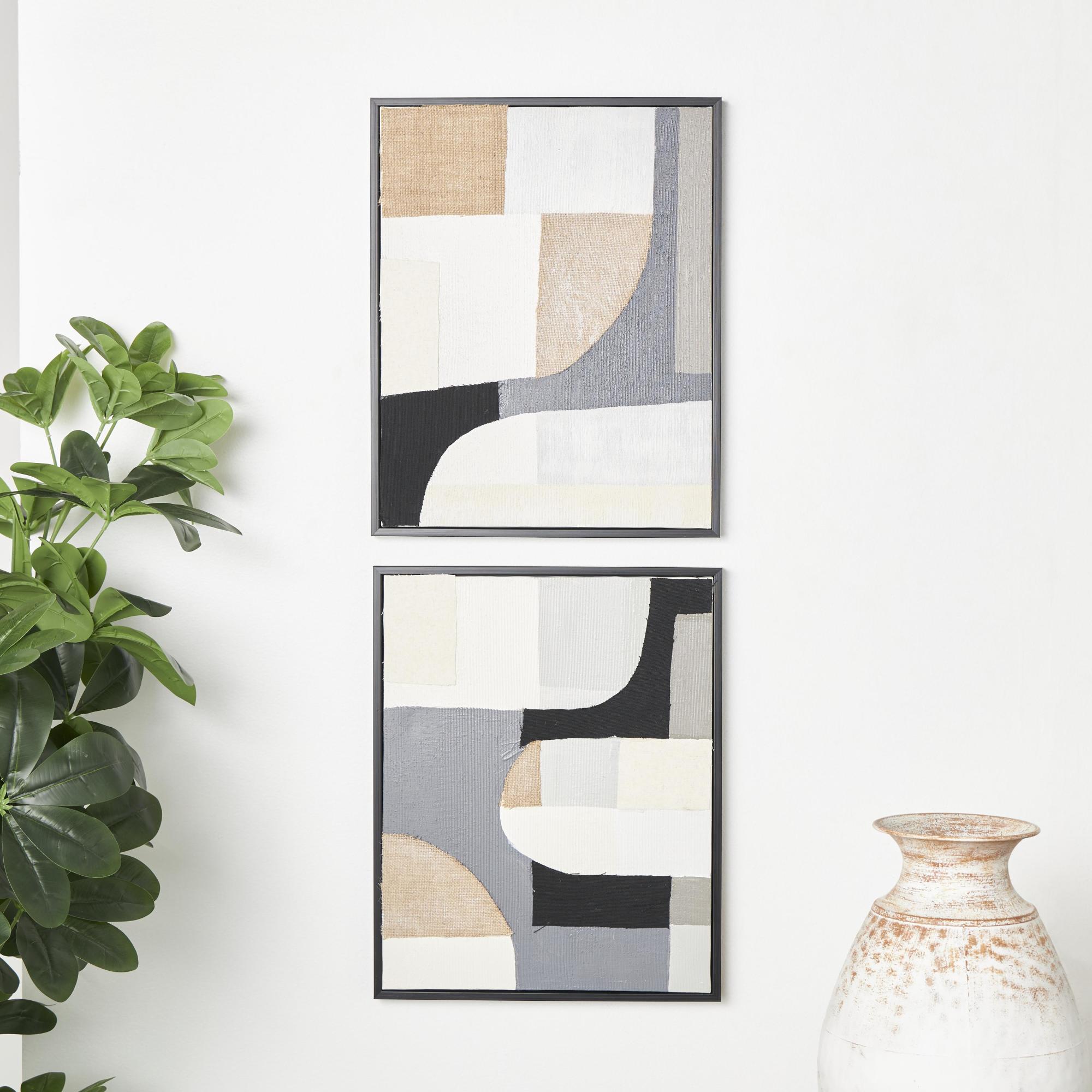 Set of 2 Geometric Blue Wooden Mixed Media Living Room Framed Wall Art with Overlapping Shapes and Black Frames