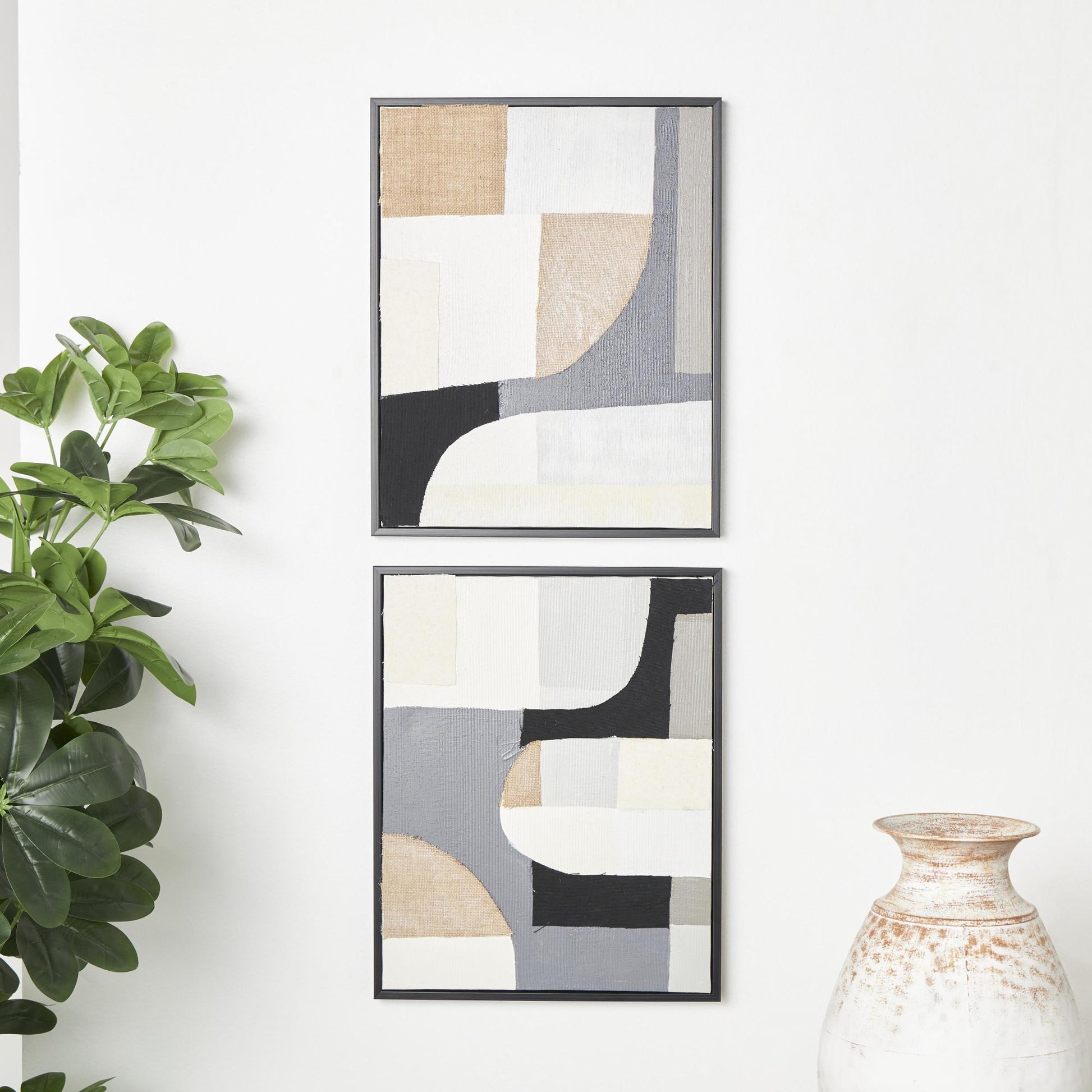 Set of 2 Geometric Blue Wooden Mixed Media Living Room Framed Wall Art with Overlapping Shapes and Black Frames