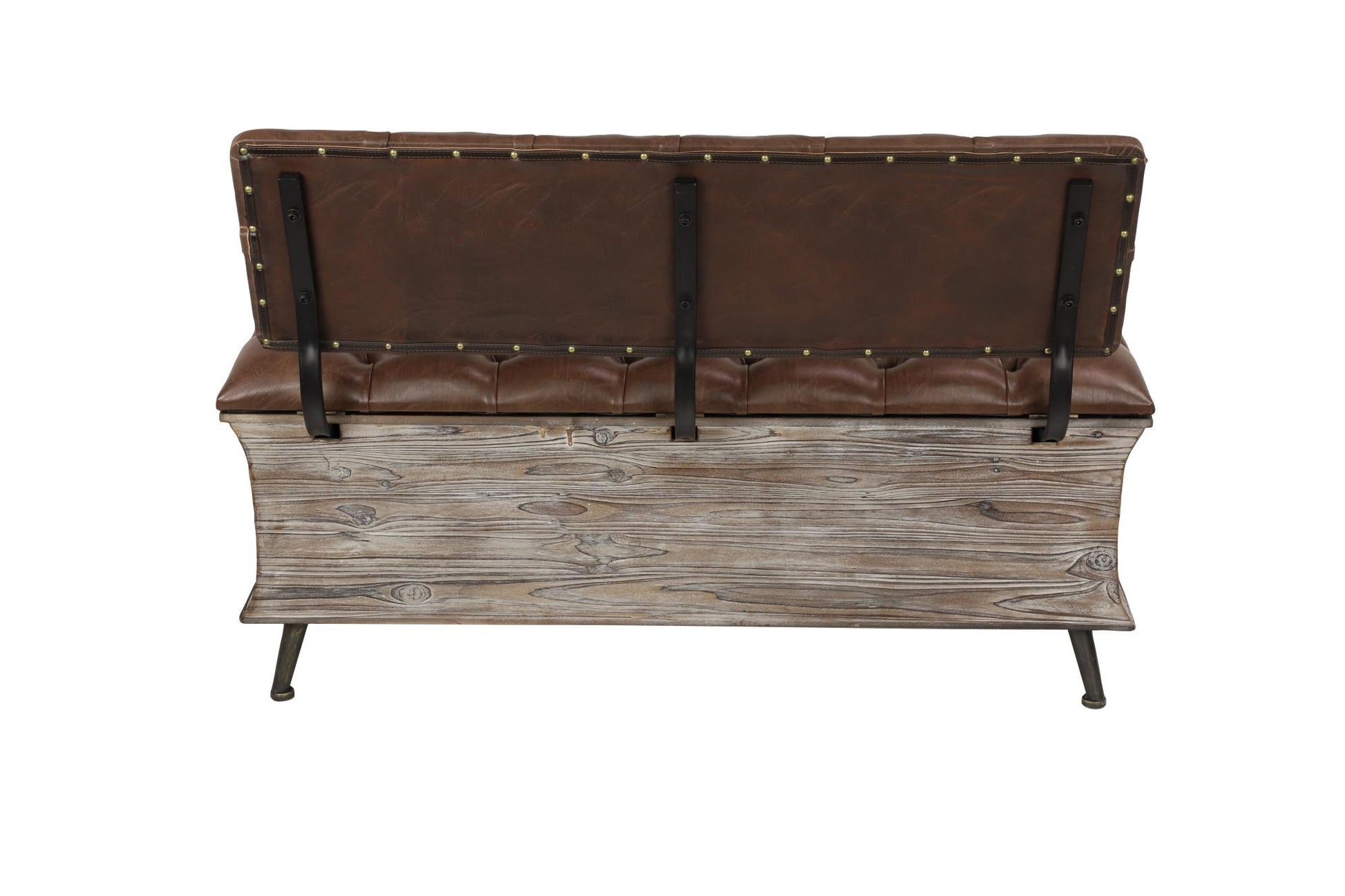 Brown Wood Room Storage Bench with Tufted Faux Leather Seat and Back