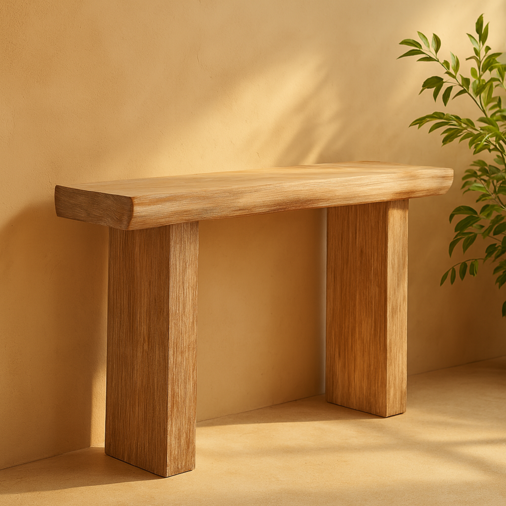 Beige Wood Living Room Console Table with Block Legs