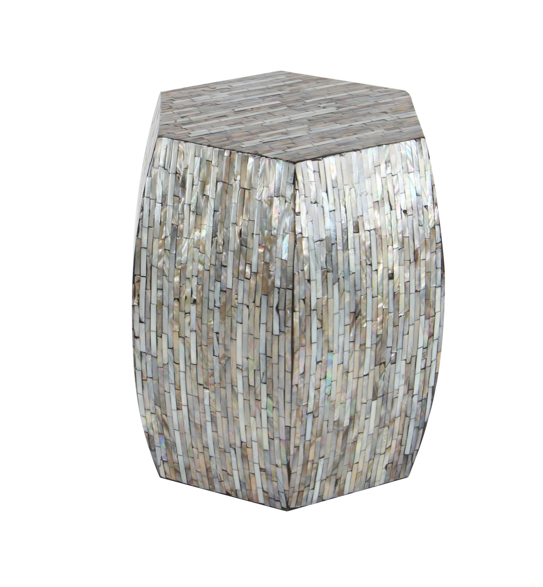 Geometric Gray Mother of Pearl Shell Handmade Shell Mosaic Hexagon Side End Accent Table with Brown Accents