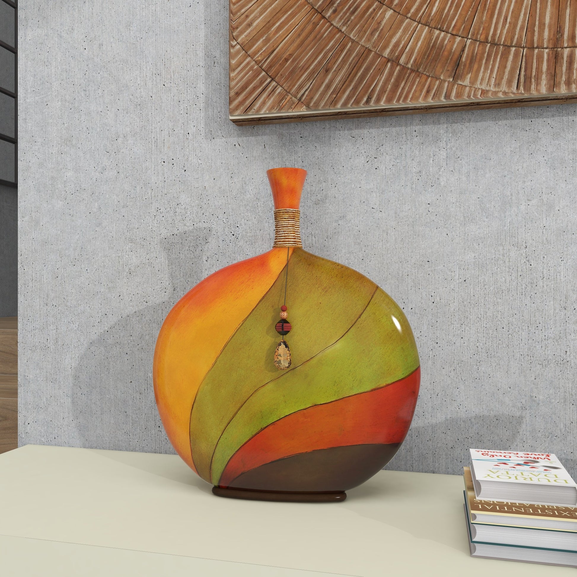Abstract Multi Colored Polystone Decorative Vase with Wrapped Beaded Accent
