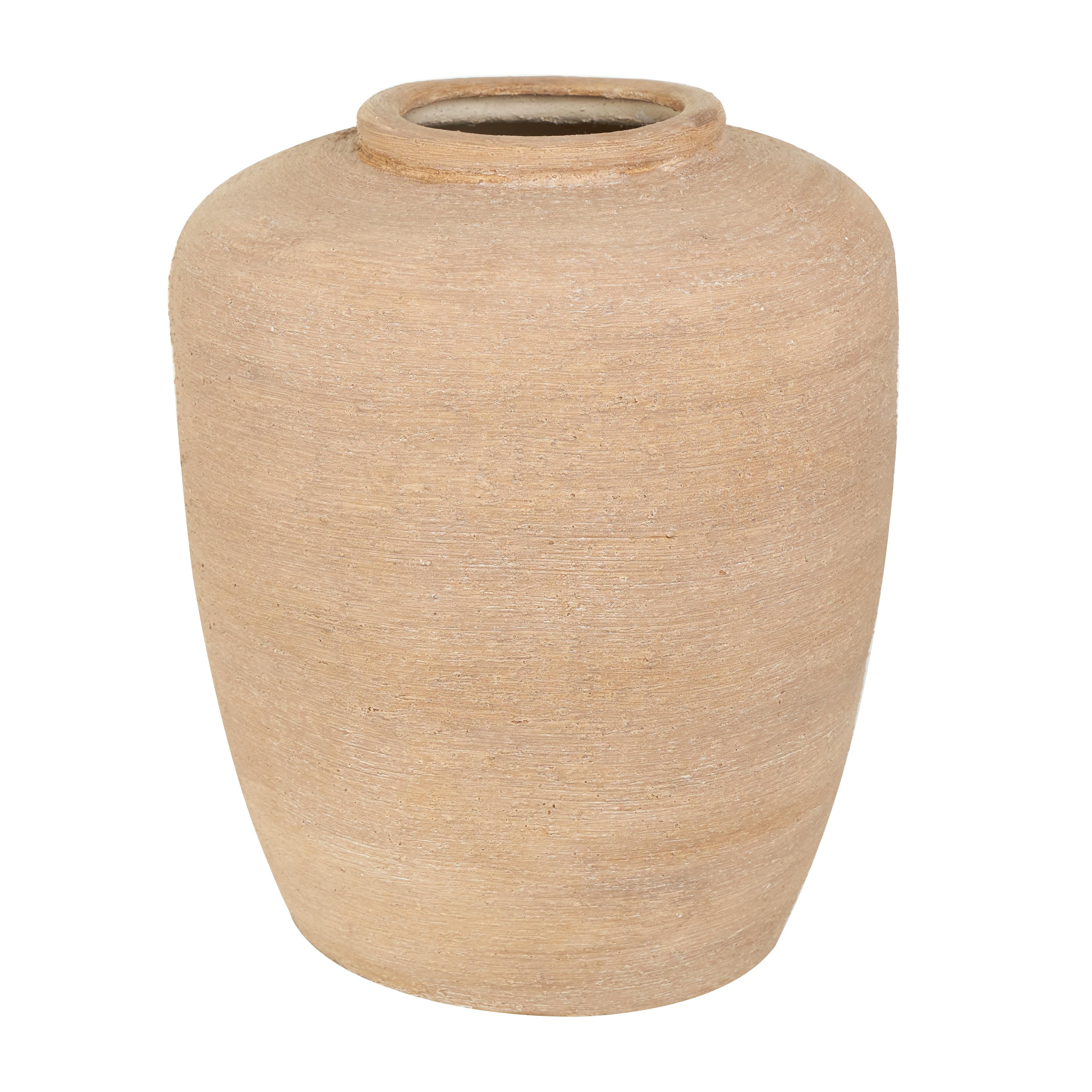 Beige Ceramic Wide Textured Decorative Vase
