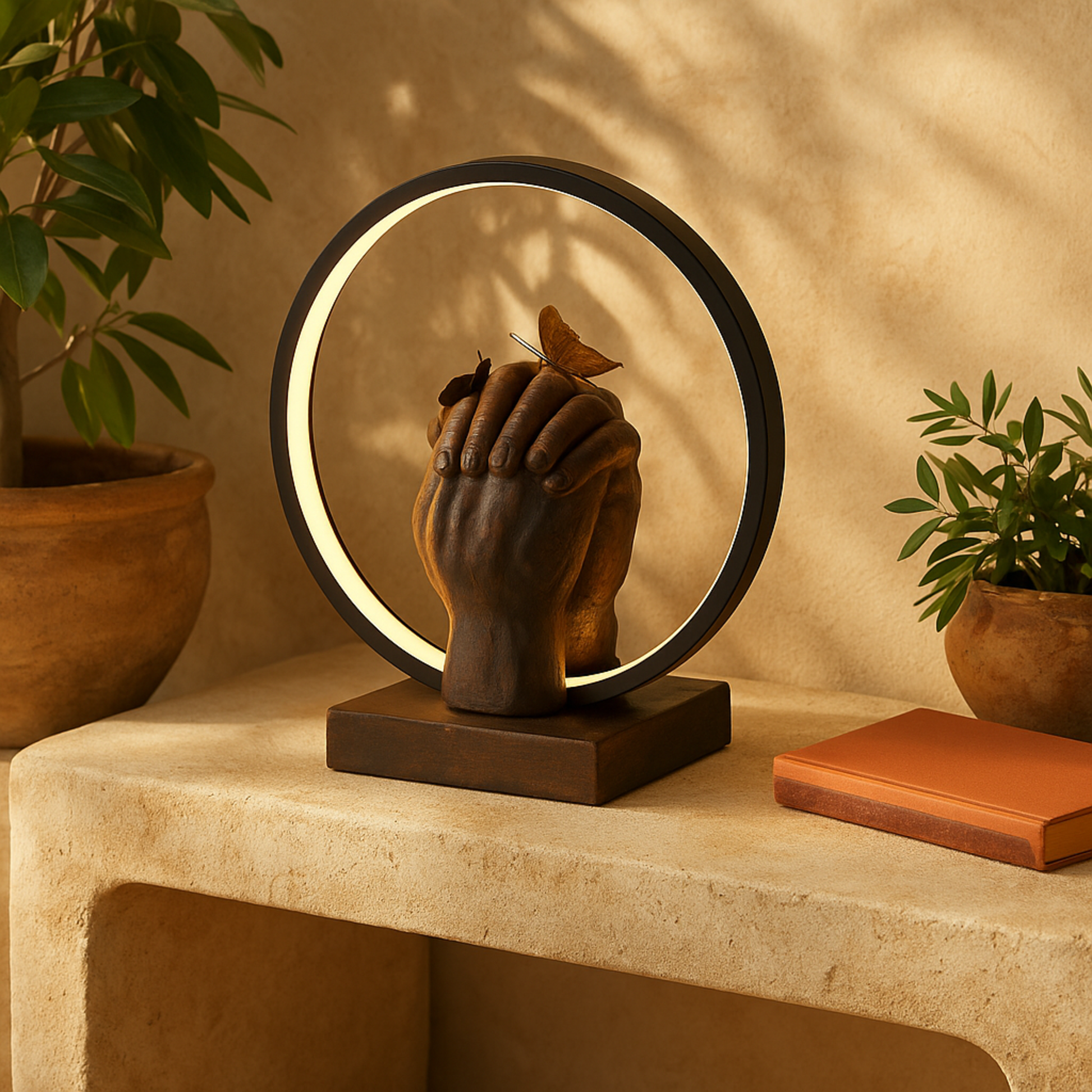 Hands Black Resin Holding Room Table Lamp with Butterfly Accents
