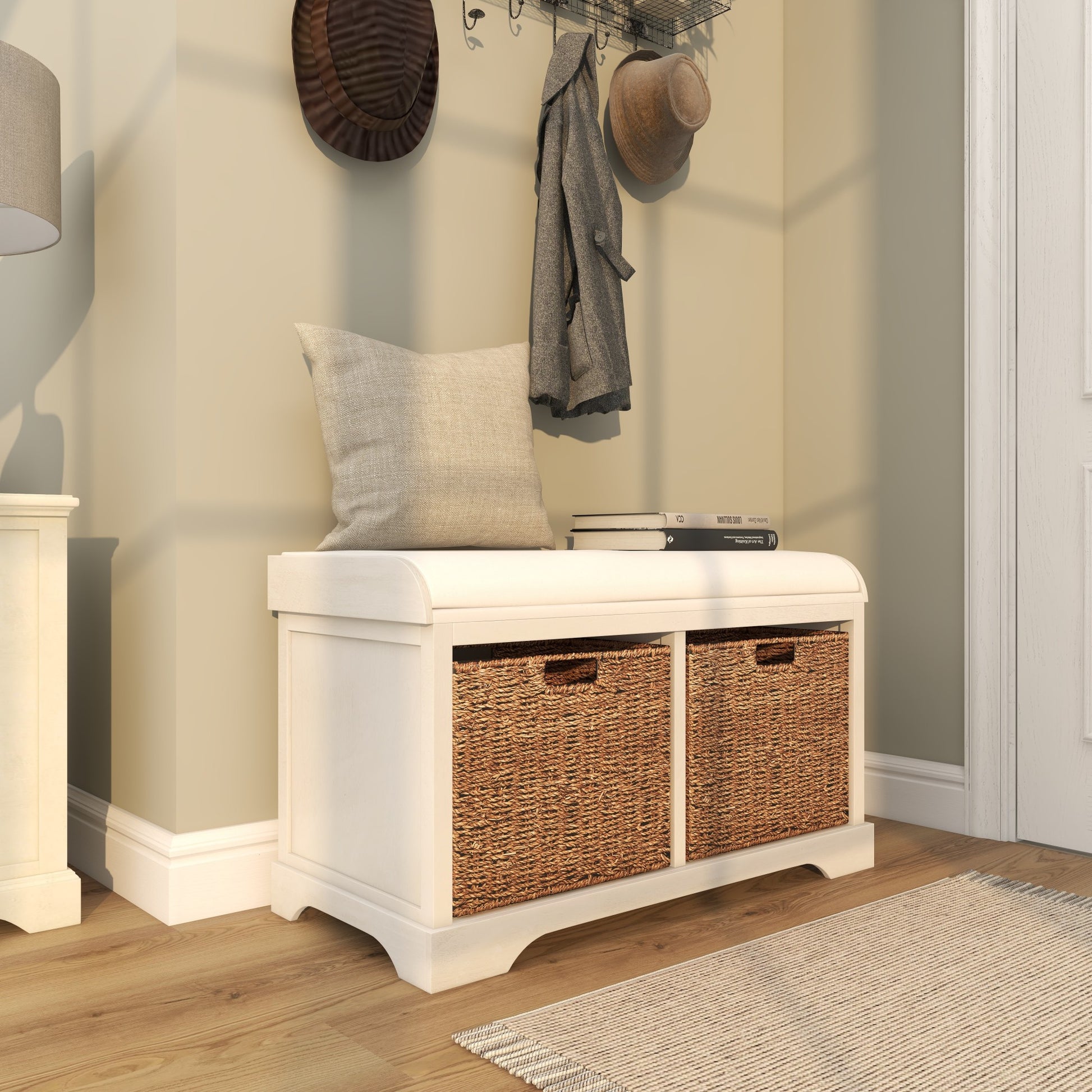 White Wood Room Storage Bench with Brown Seagrass Baskets and Cushioned Seat