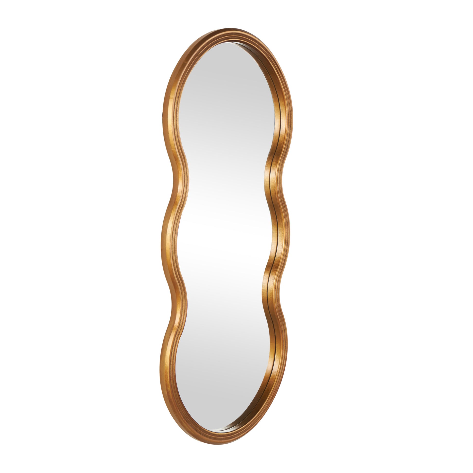Gold Wooden Wavy Shaped Room Wall Mirror with Ribbed Frame