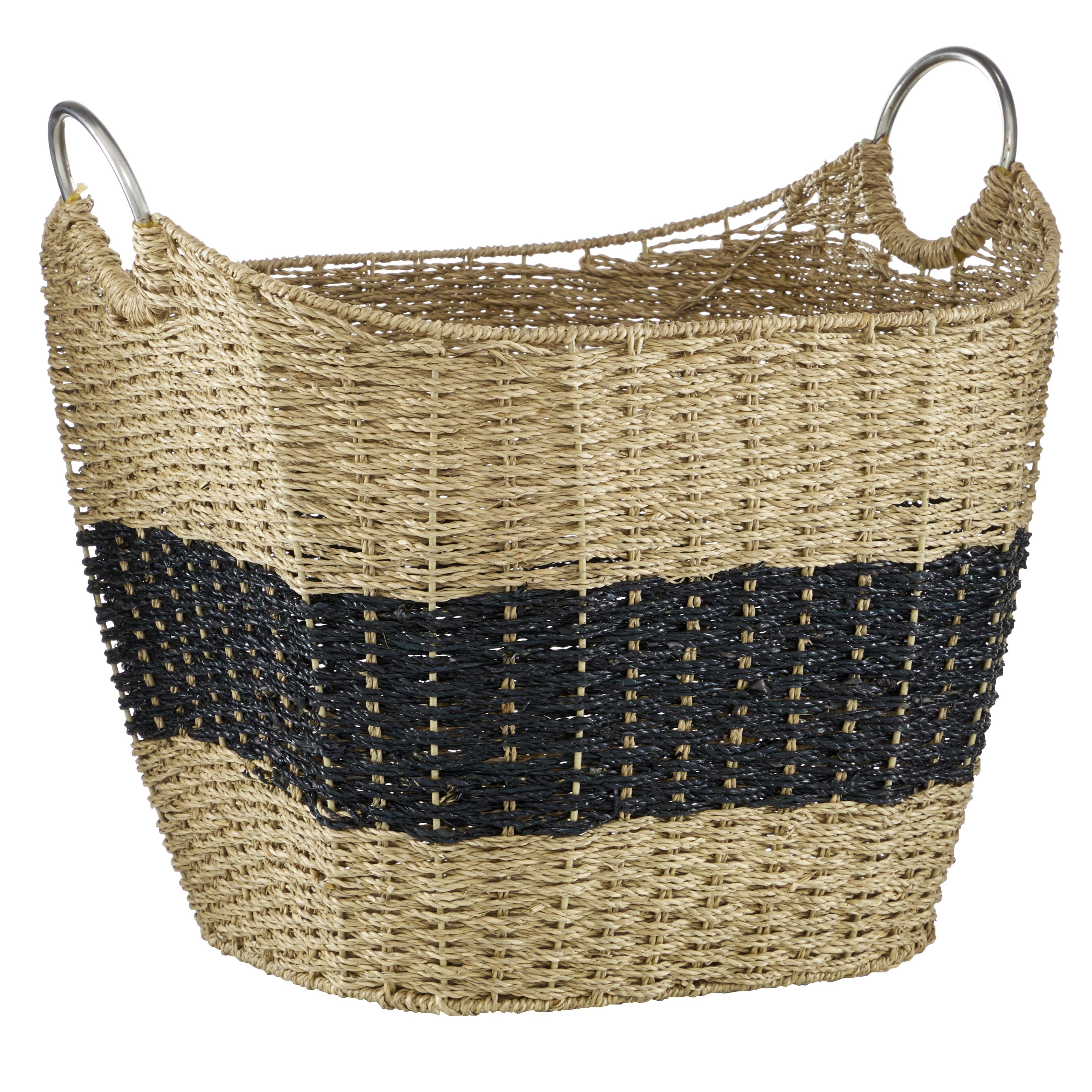 Seagrass Handmade Two Toned Decorative and Functional Storage Basket with Metal Handles