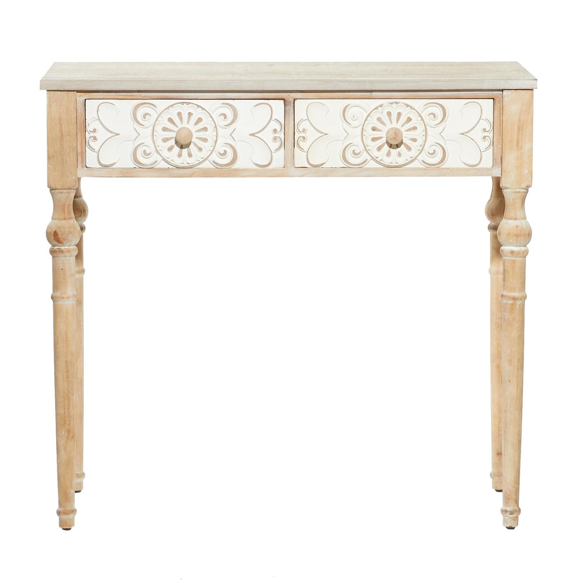 Floral Brown Wood Intricately Carved 2 Drawer Living Room Console Table