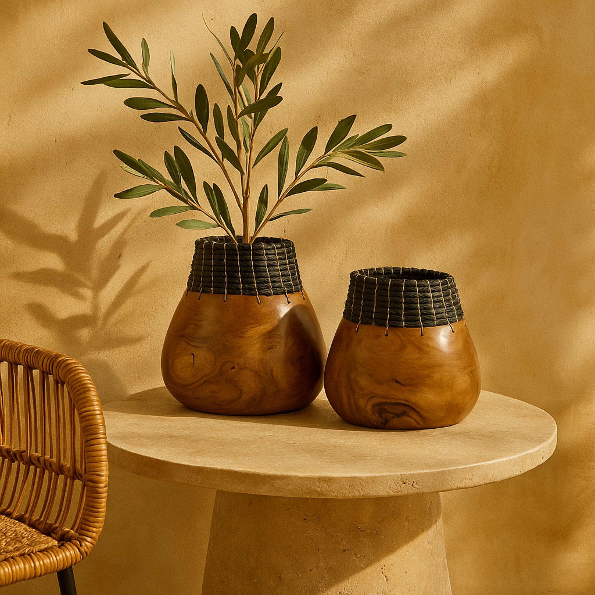Set of 2 Wood Handmade Decorative Vase with Black Seagrass Accents