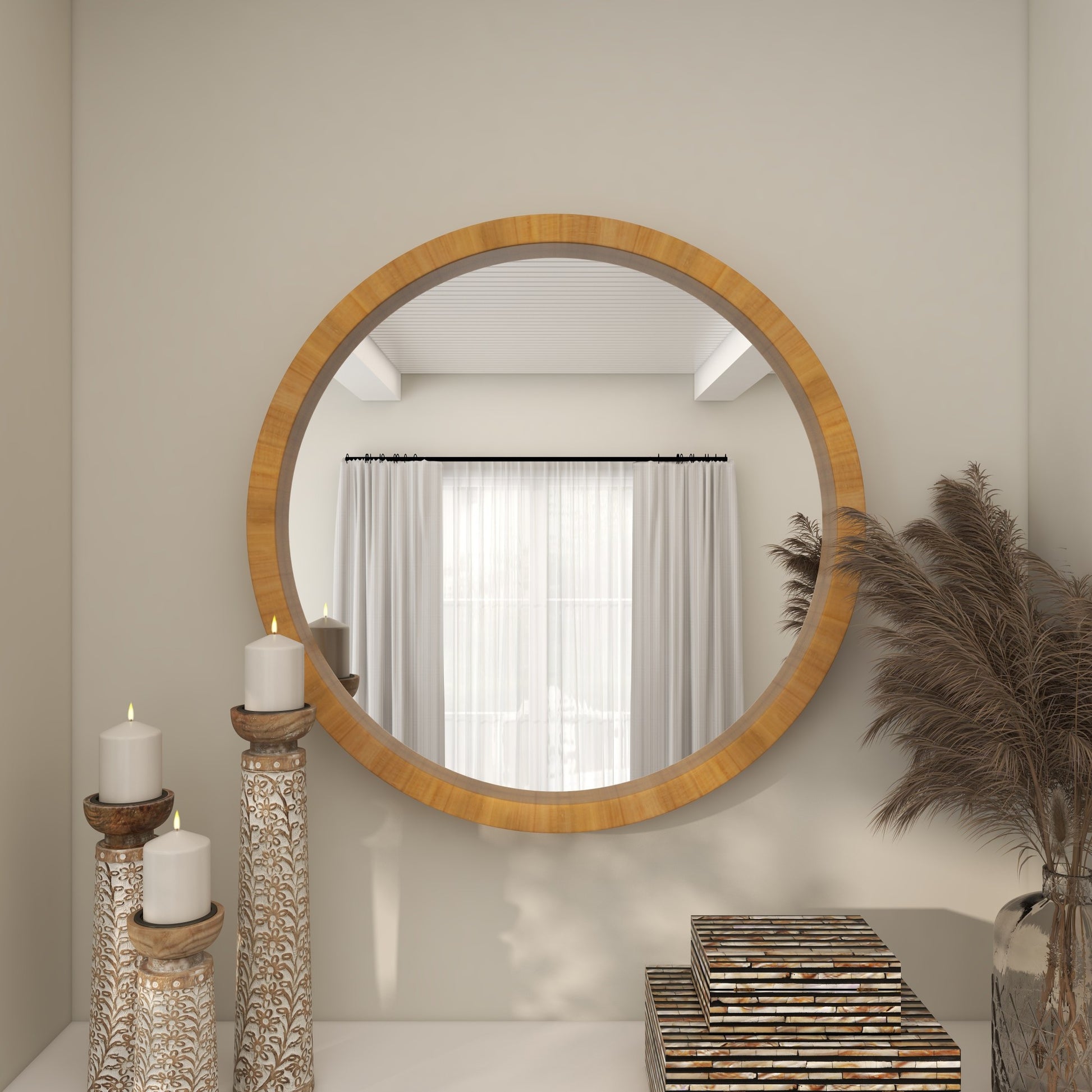 Brown Wood Room Wall Mirror with Natural Wood Grains