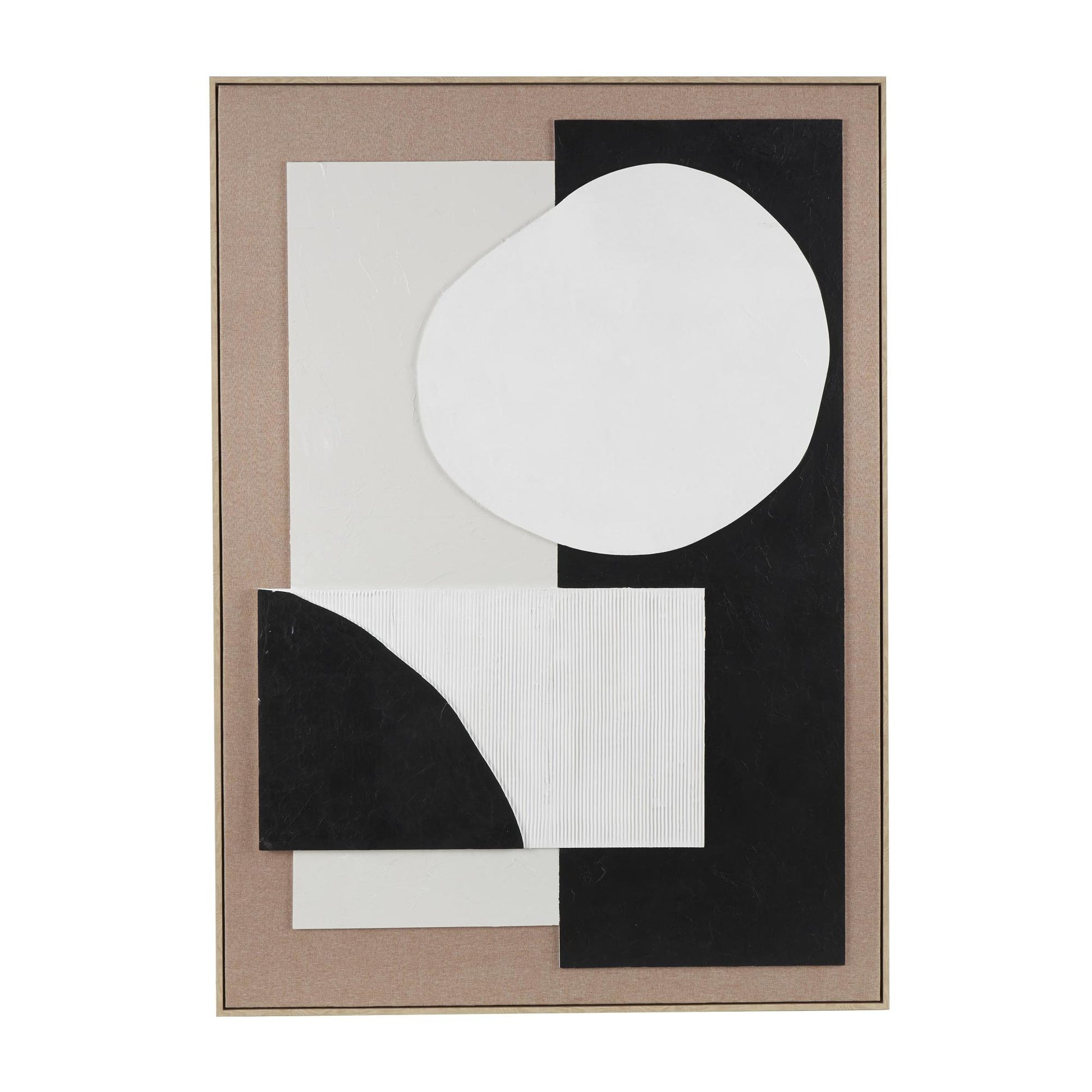 Geometric Brown Wood Textured Living Room Framed Wall Art with Abstract Black and White Shapes and Fabric Backing