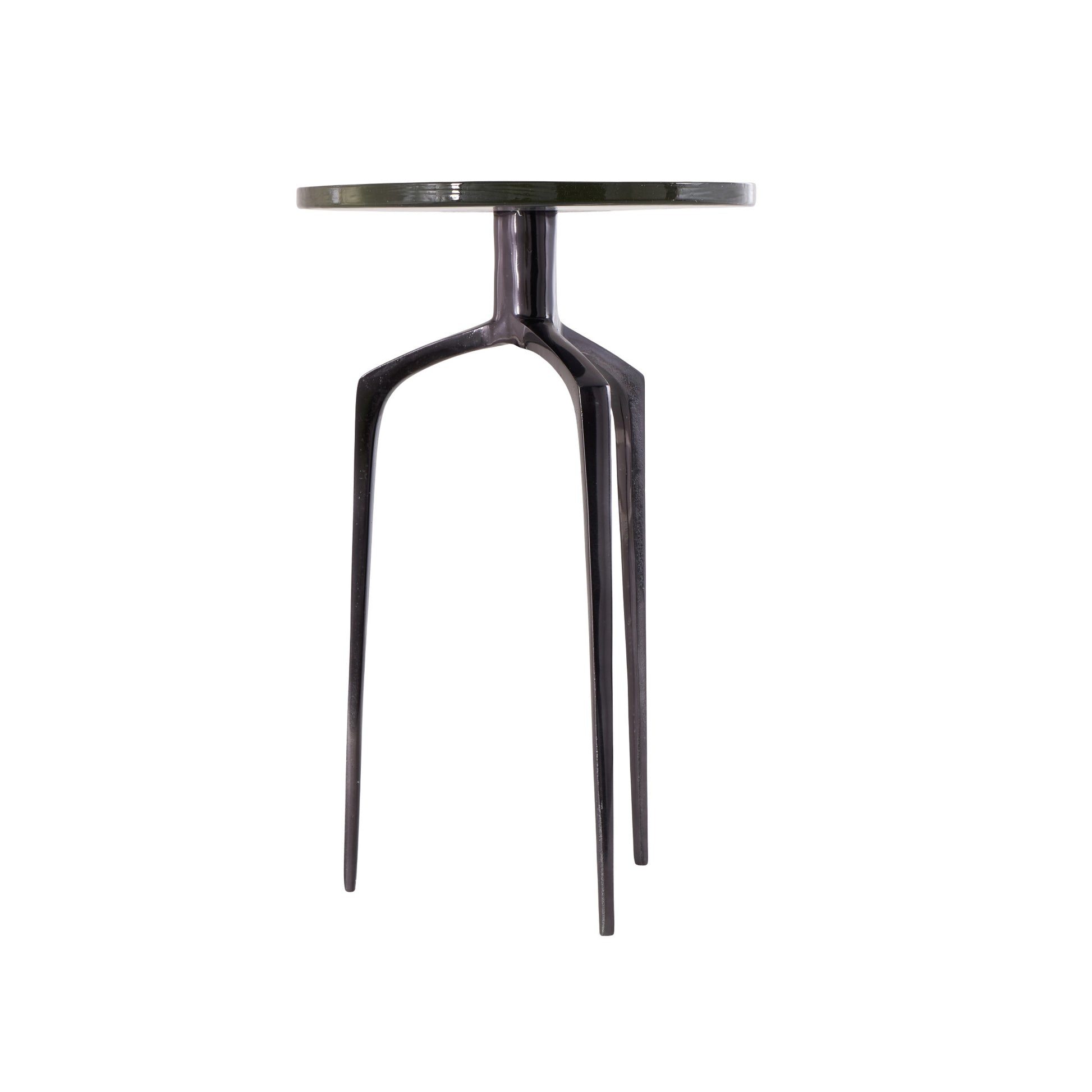 Aluminum Metal Small Tripod Side End Accent Table with Textured Glass Tabletop