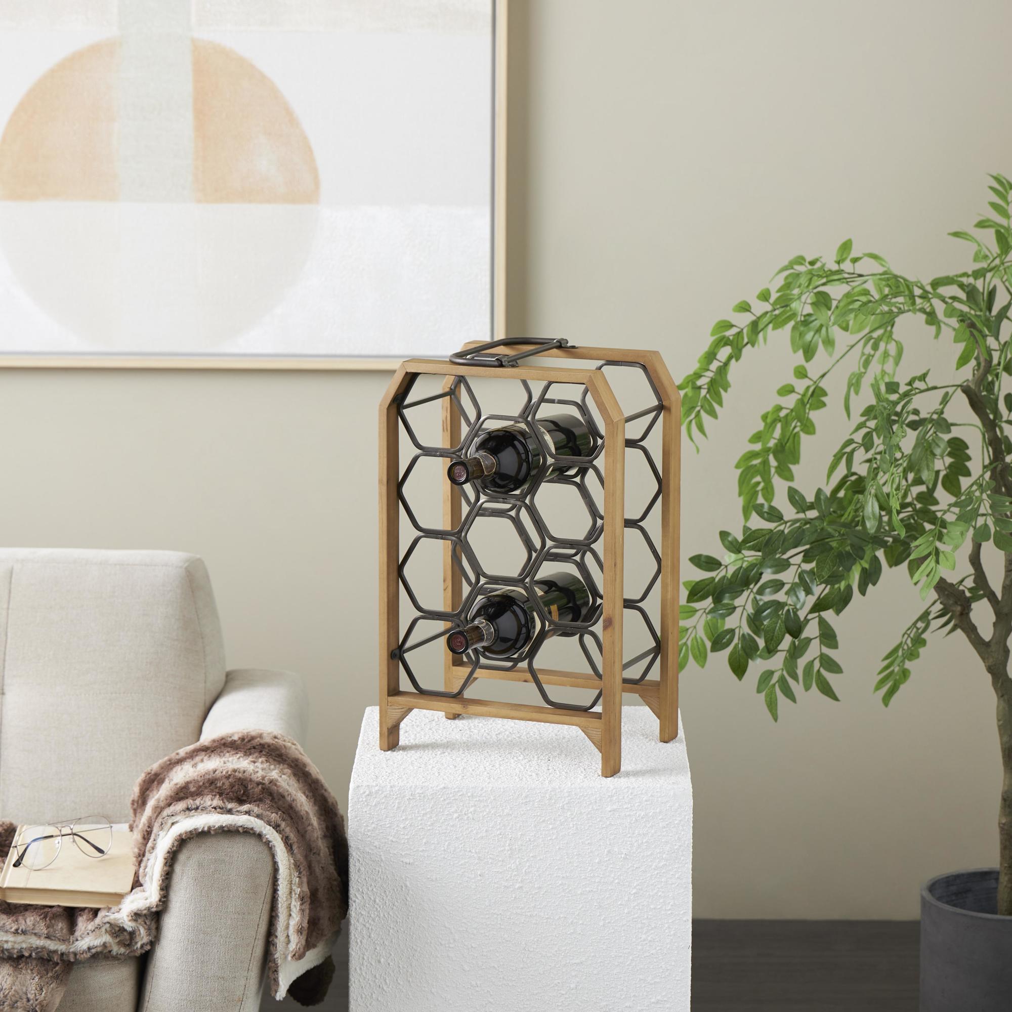Brown Wood Tall Wine Rack with Gray Metal Curved Teardrop Holders