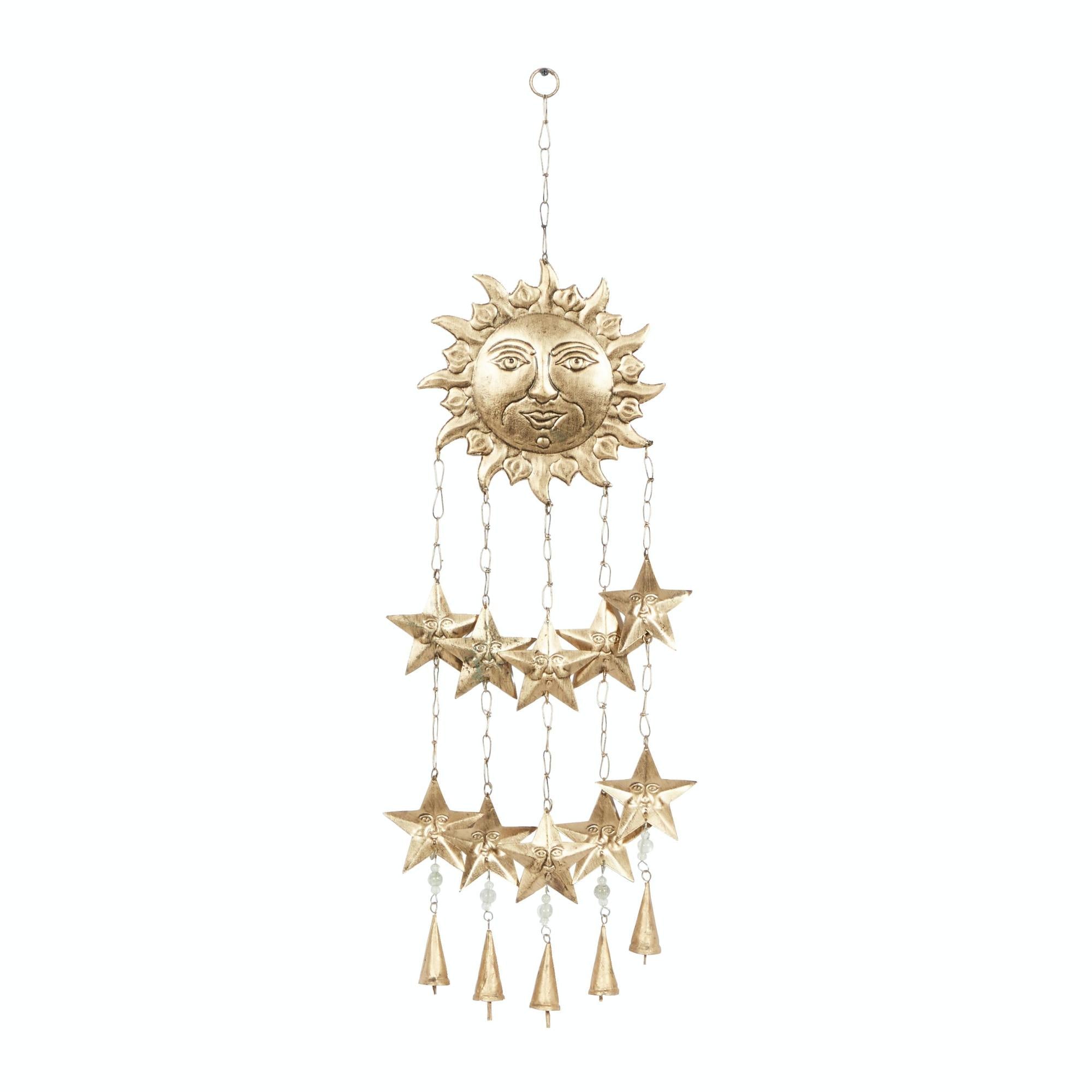 Sun and Star Gold Metal Handmade Indoor Outdoor Windchime with Glass Beads and Cone Bells