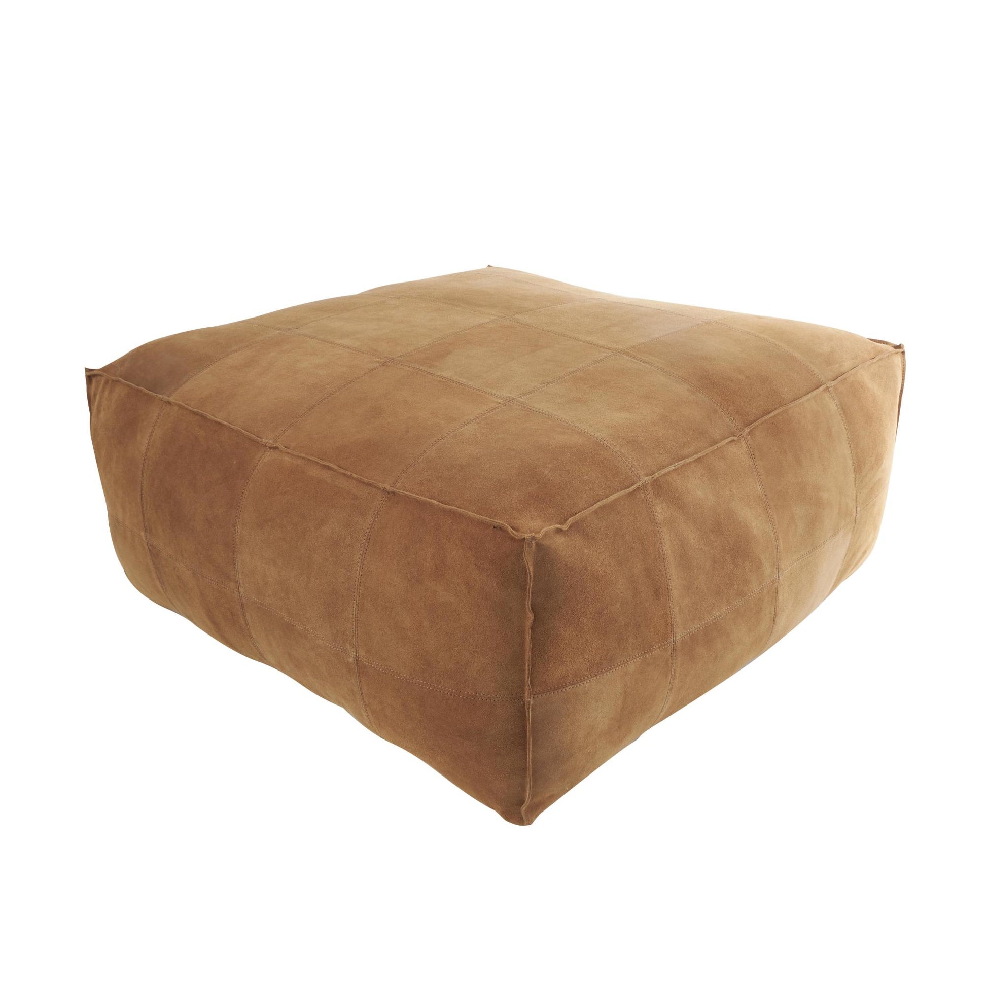 Leather Low Profile Square Stuffed Pouf with Patchwork Design
