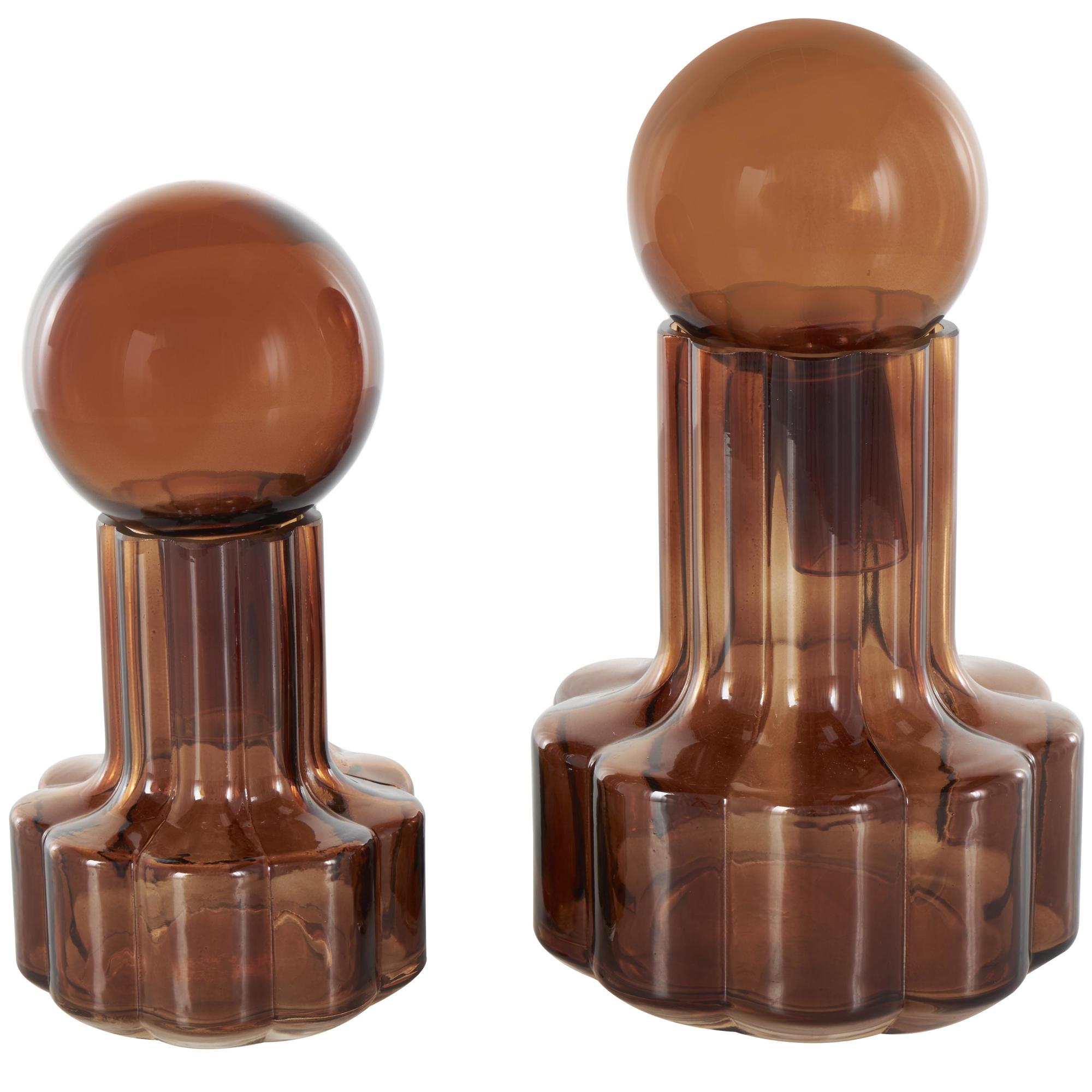 Set of 2 Abstract Brown Glass Floral Shaped Ombre Living Room Decorative Jars with Round Orb Tops