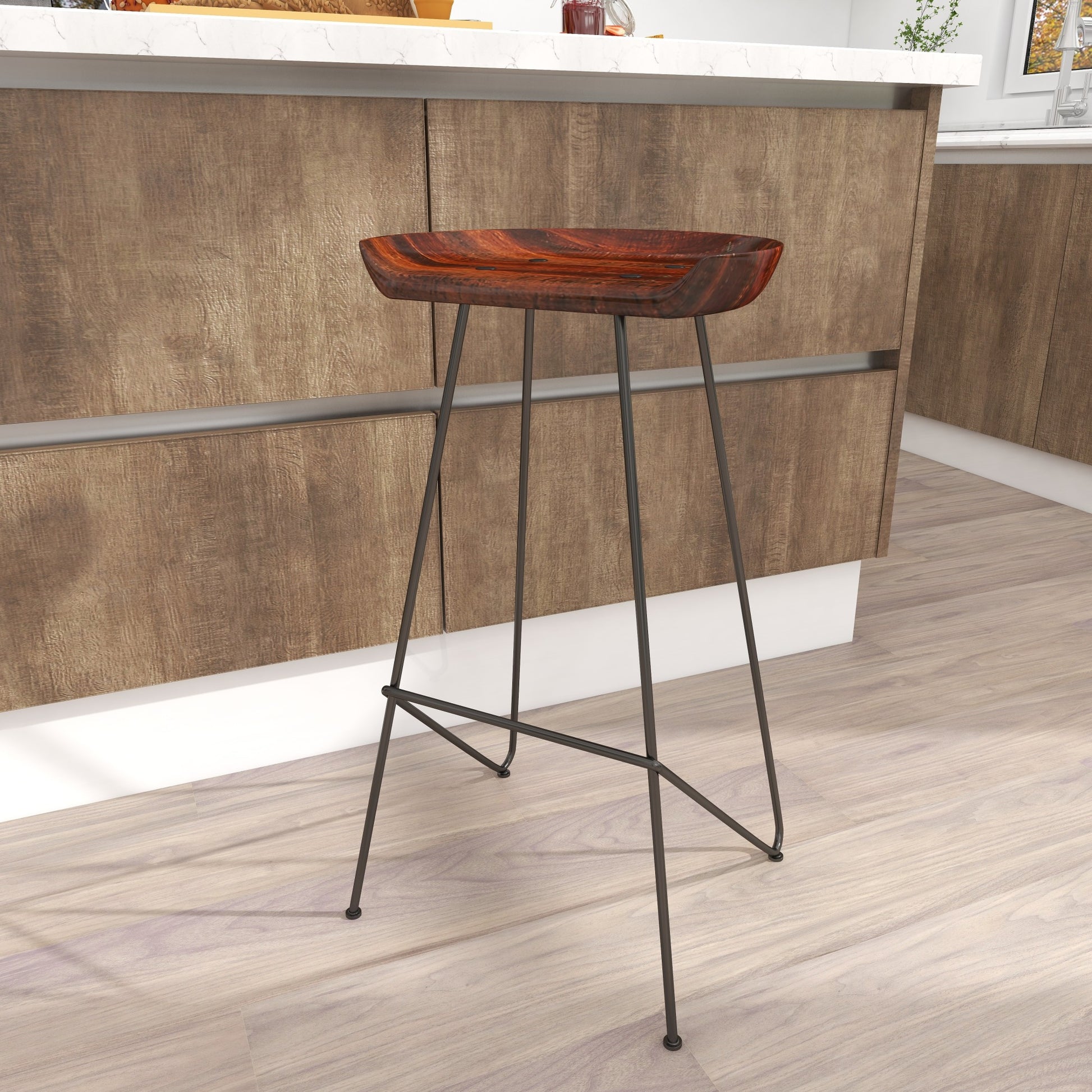 Brown Wood Kitchen Bar Stool with Wood Seat