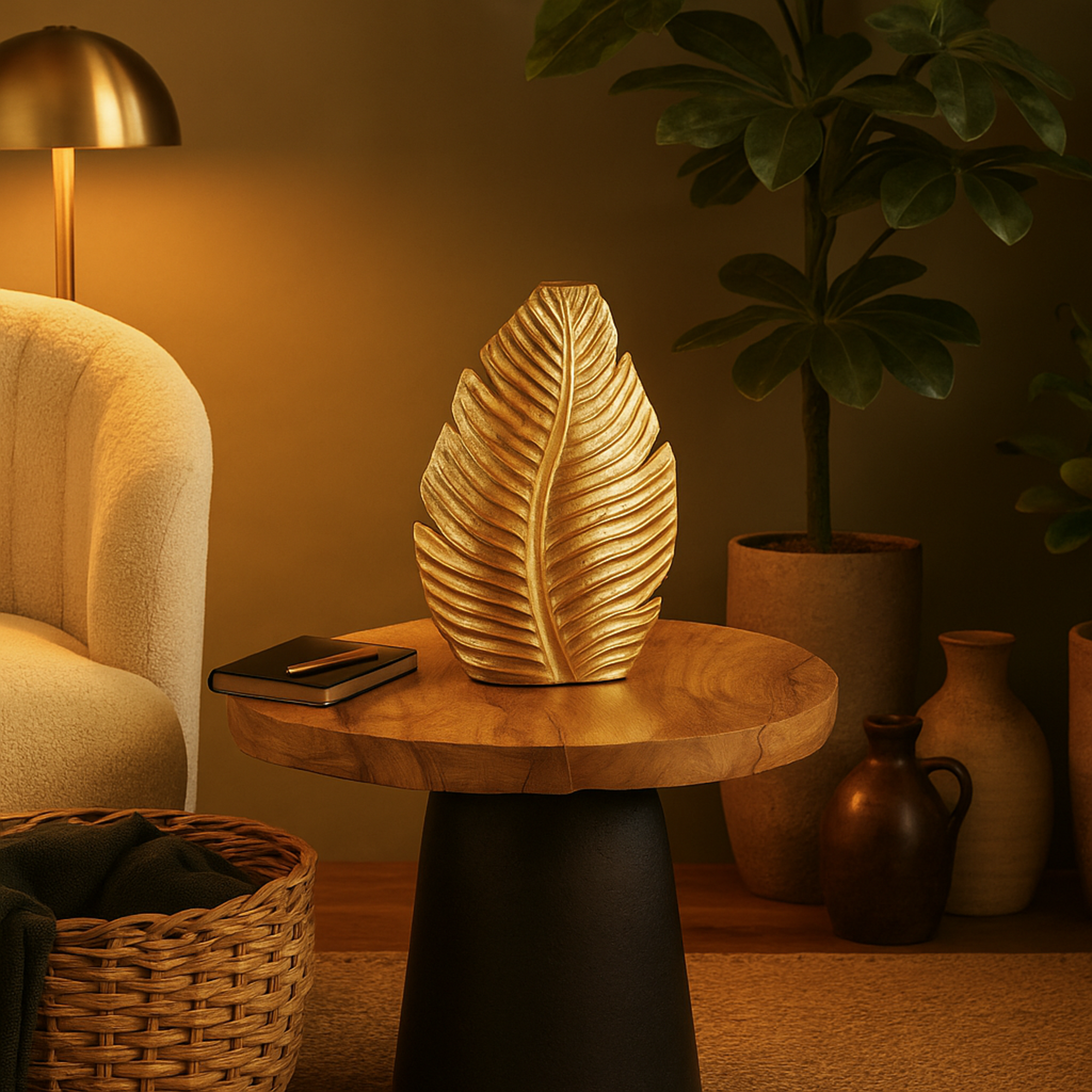 Leaf Gold Polystone Curved Metallic Decorative Vase