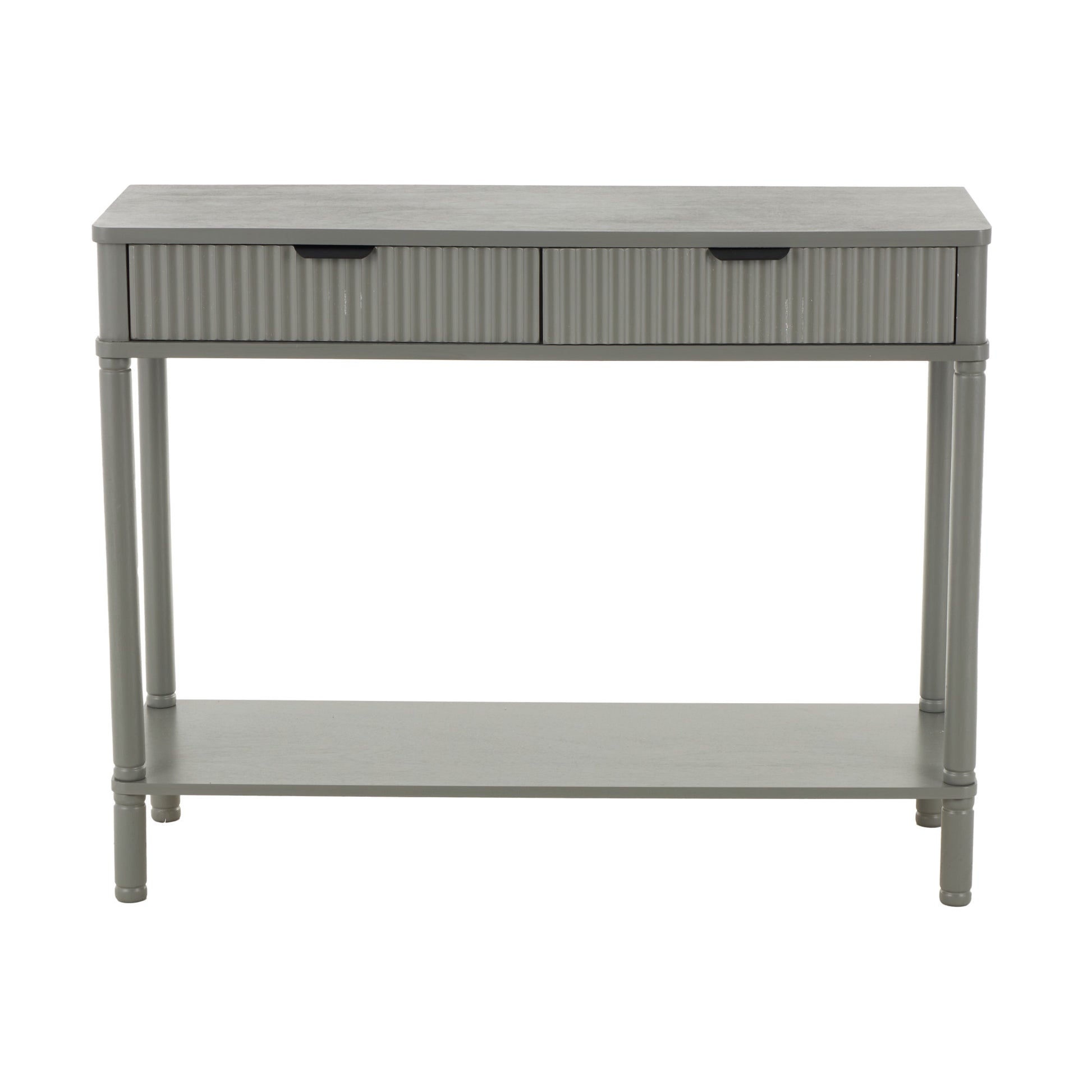 Gray Wood Handmade 2 Drawer Living Room Console Table with Black Handle and Ribbed Front