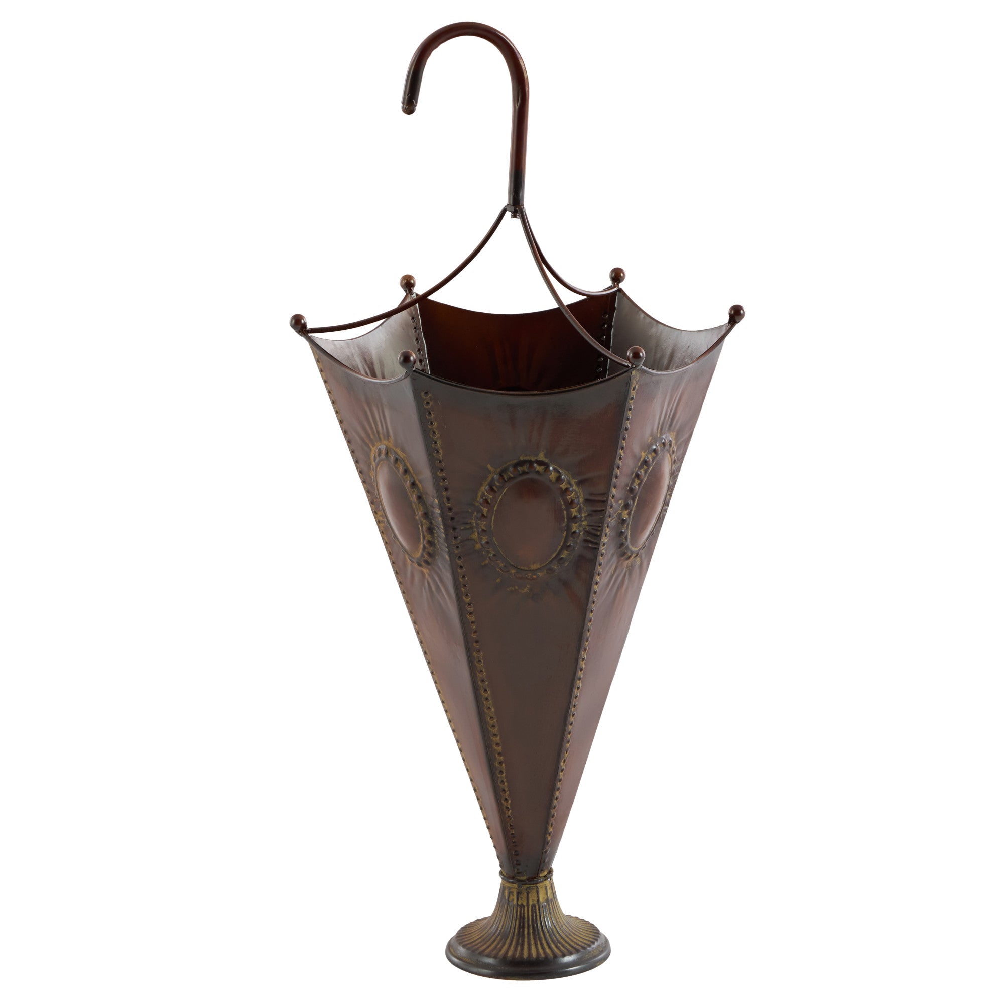 Brown Metal Decorative Umbrella Stand with Embossed Emblems
