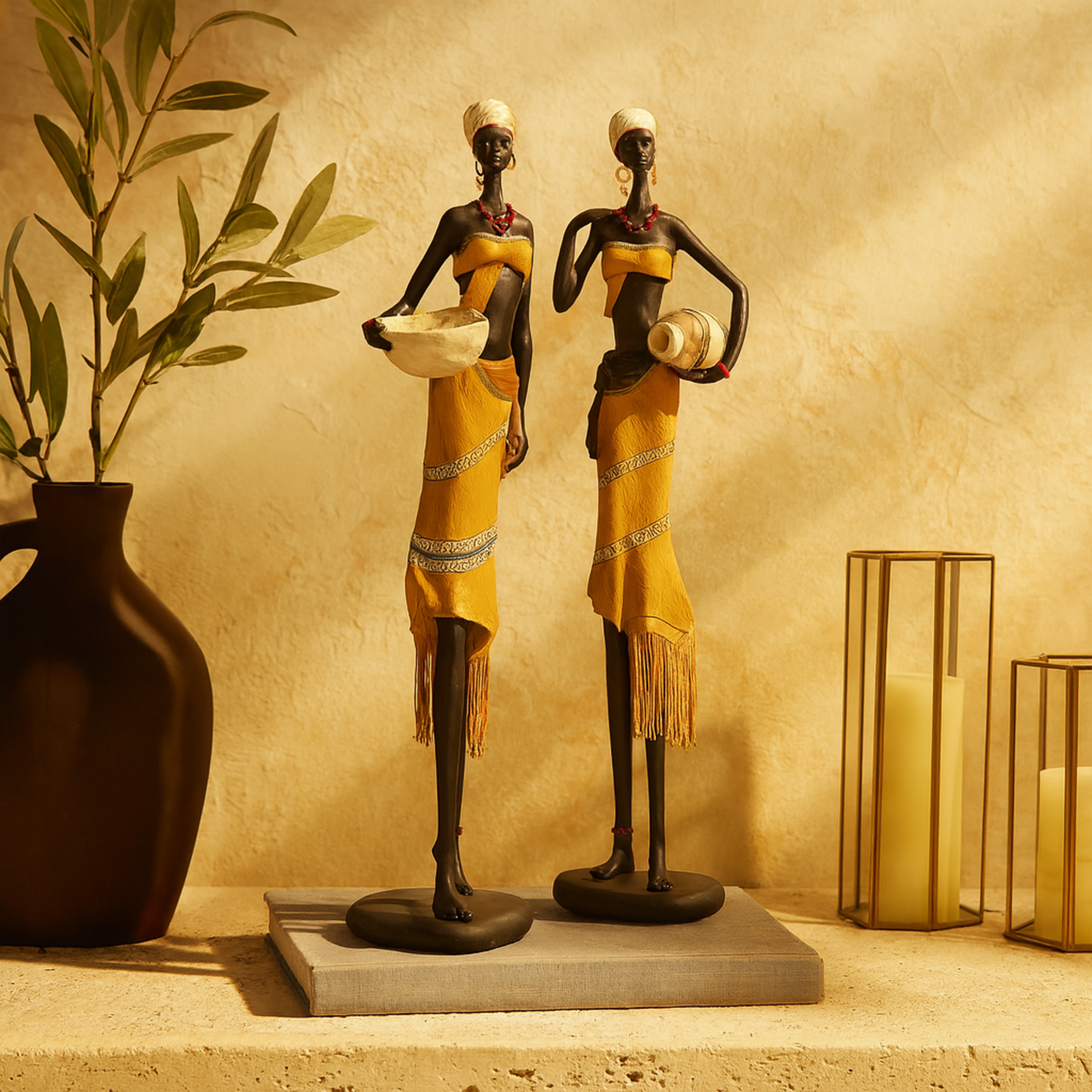 Set of 2 Woman Yellow Polyresin Handmade African Decorative Sculpture with Water Jugs and Jeweled Details