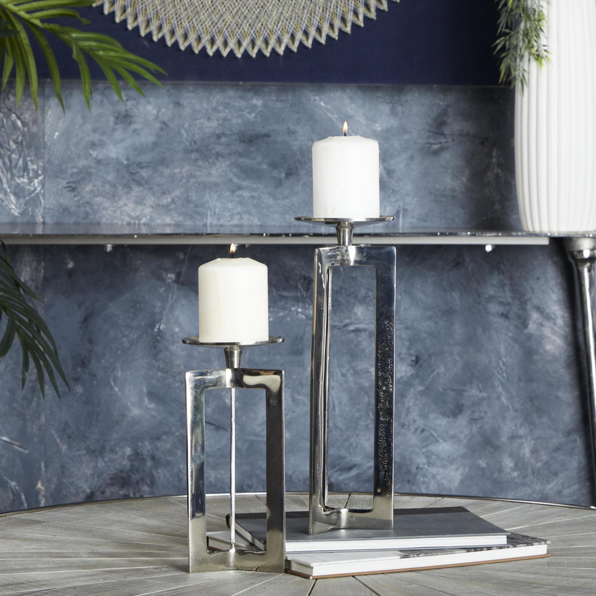 CosmoLiving by Cosmopolitan Set of 2 Geometric Aluminum Metal Pillar Decorative Candle Holder
