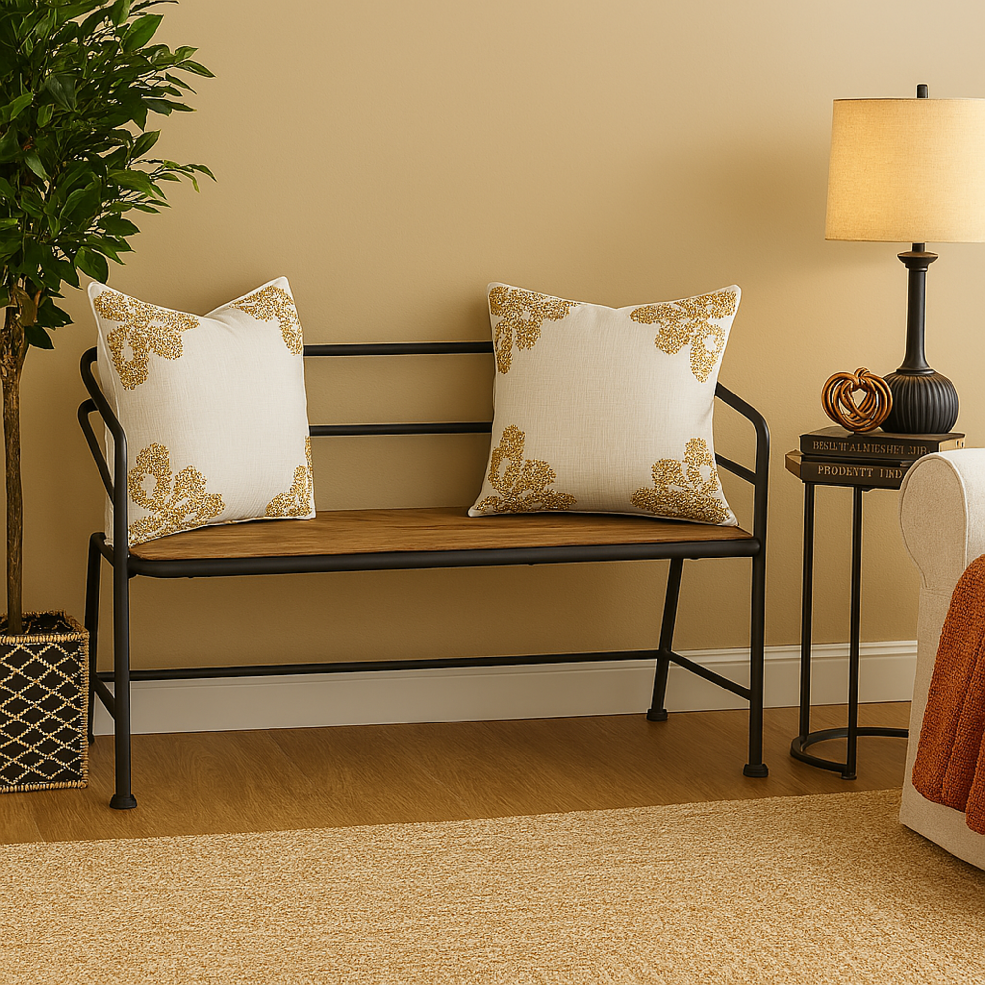 Black Metal Home Bench with Brown Wood Seat