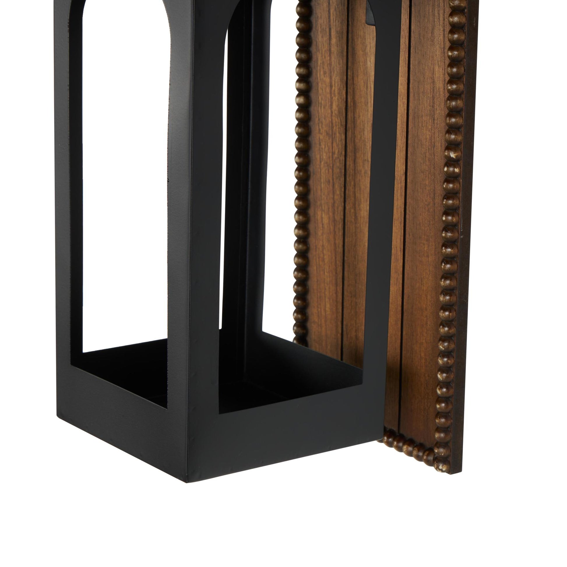 Abstract Black Metal Suspended Arched Cutout Indoor Outdoor Wall Sconce with Brown Wood Backing and Beaded Edge