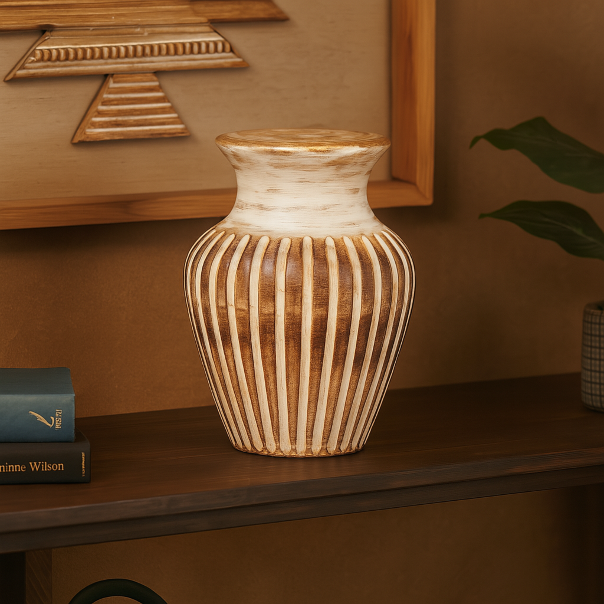 Brown Mango Wood Distressed Decorative Vase with Carved Grooves