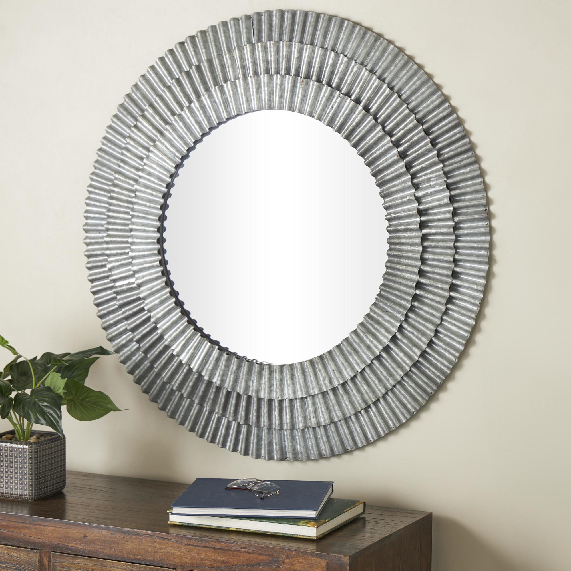 Gray Metal Galvanized Layered Ribbed Room Wall Mirror