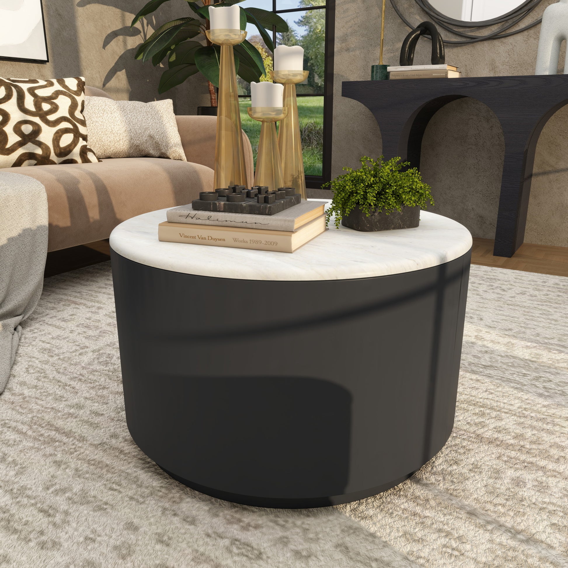 Black Metal Pedestal Coffee Table with Faux White Marble Top