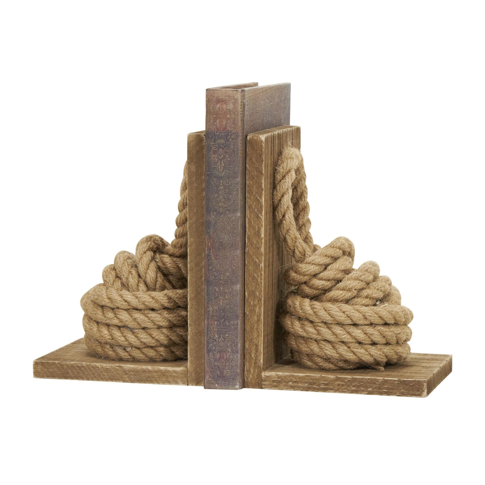 Set of 2 Knot Brown Wood Rope Decorative Bookends with Distressed L-Shaped Stands