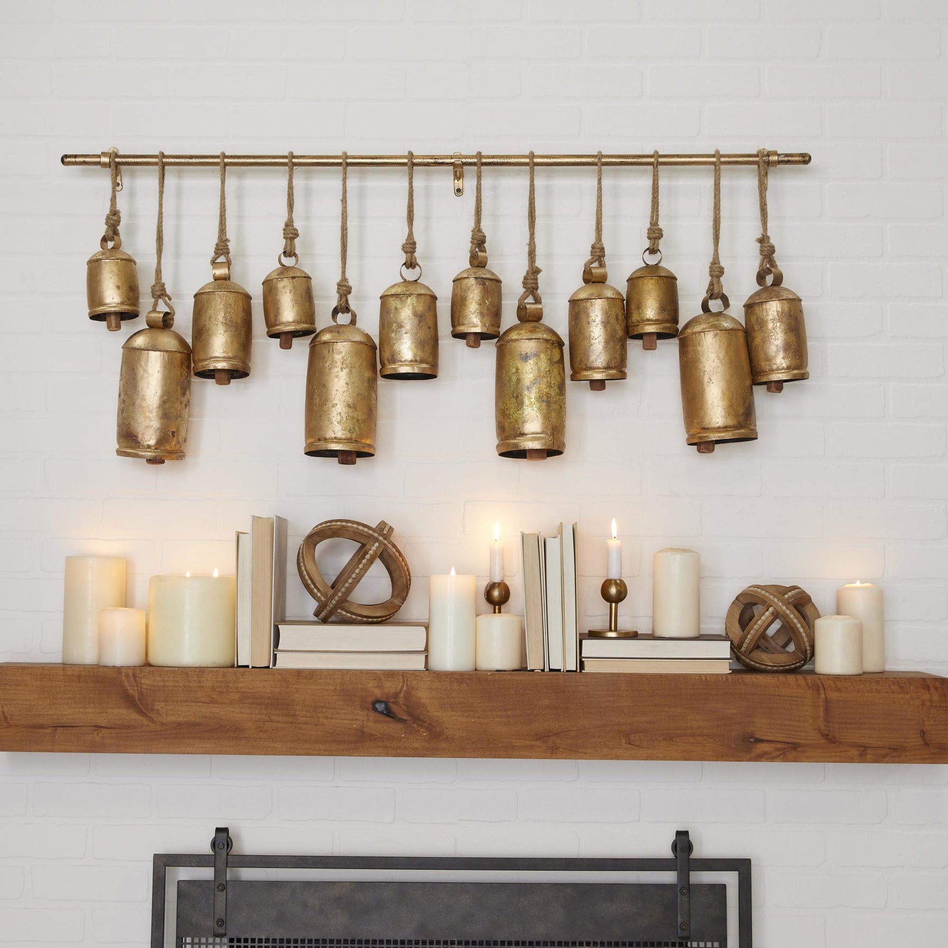 Metal Tibetan Inspired 12 Bell Indoor Outdoor Decorative Cow Bells with Hanging Ropes and Rod