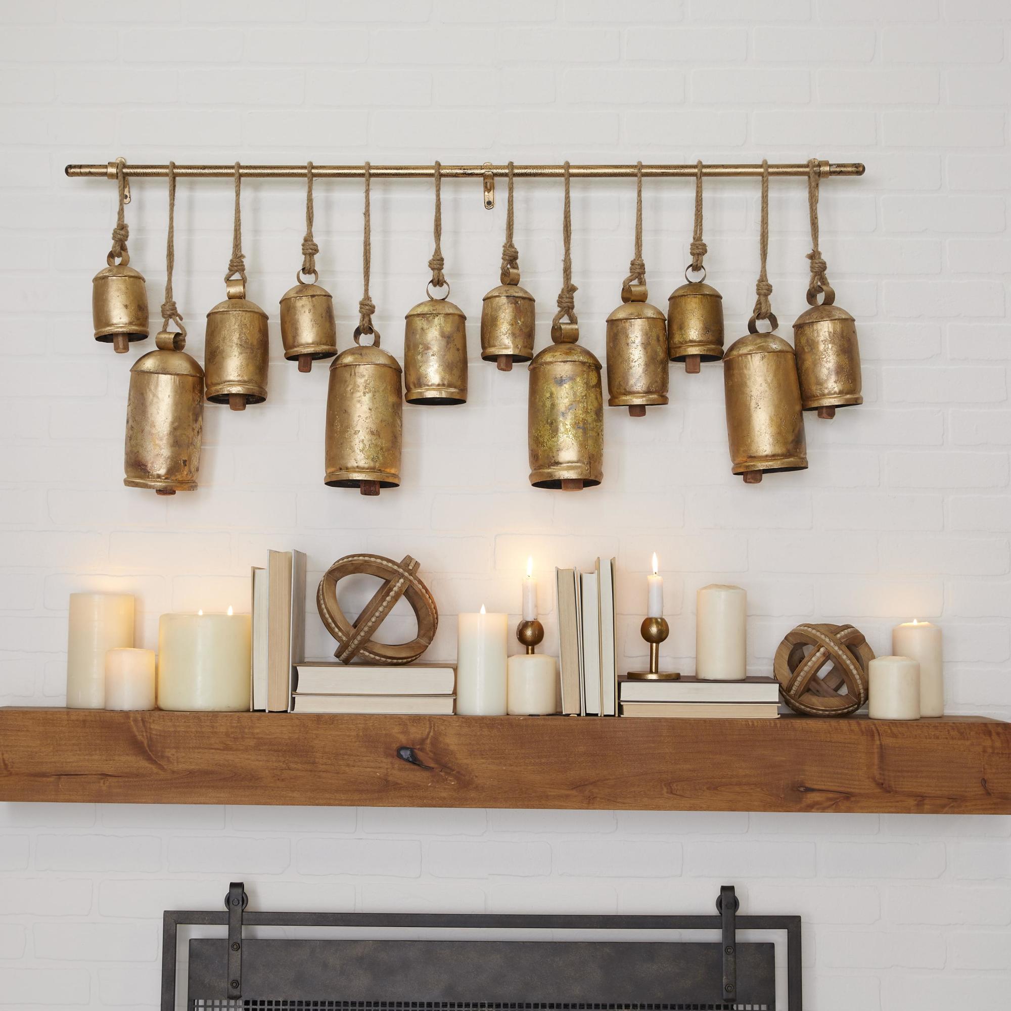 Metal Tibetan Inspired 12 Bell Indoor Outdoor Decorative Cow Bells with Hanging Ropes and Rod