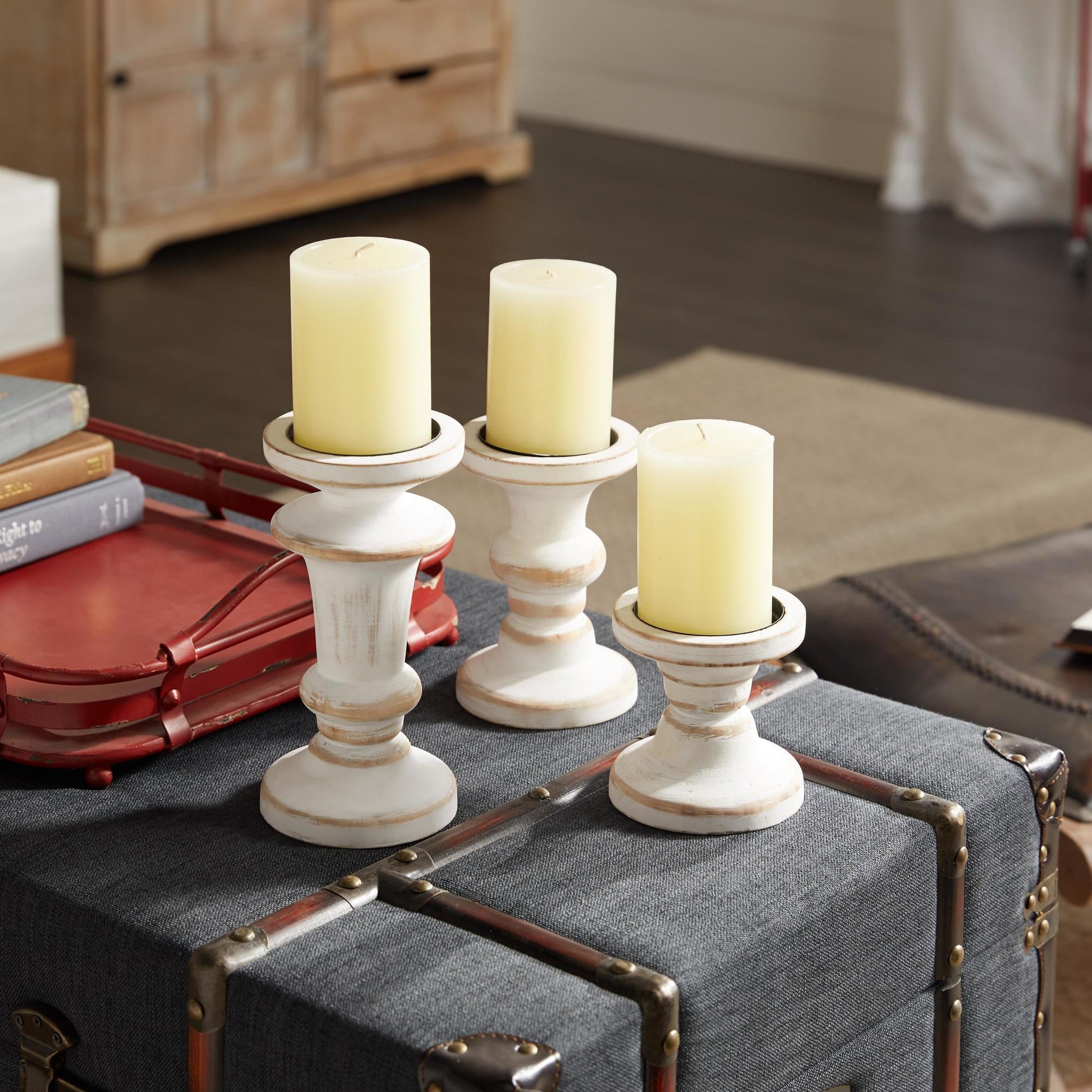 Set of 3 White Wood Decorative Candle Holder