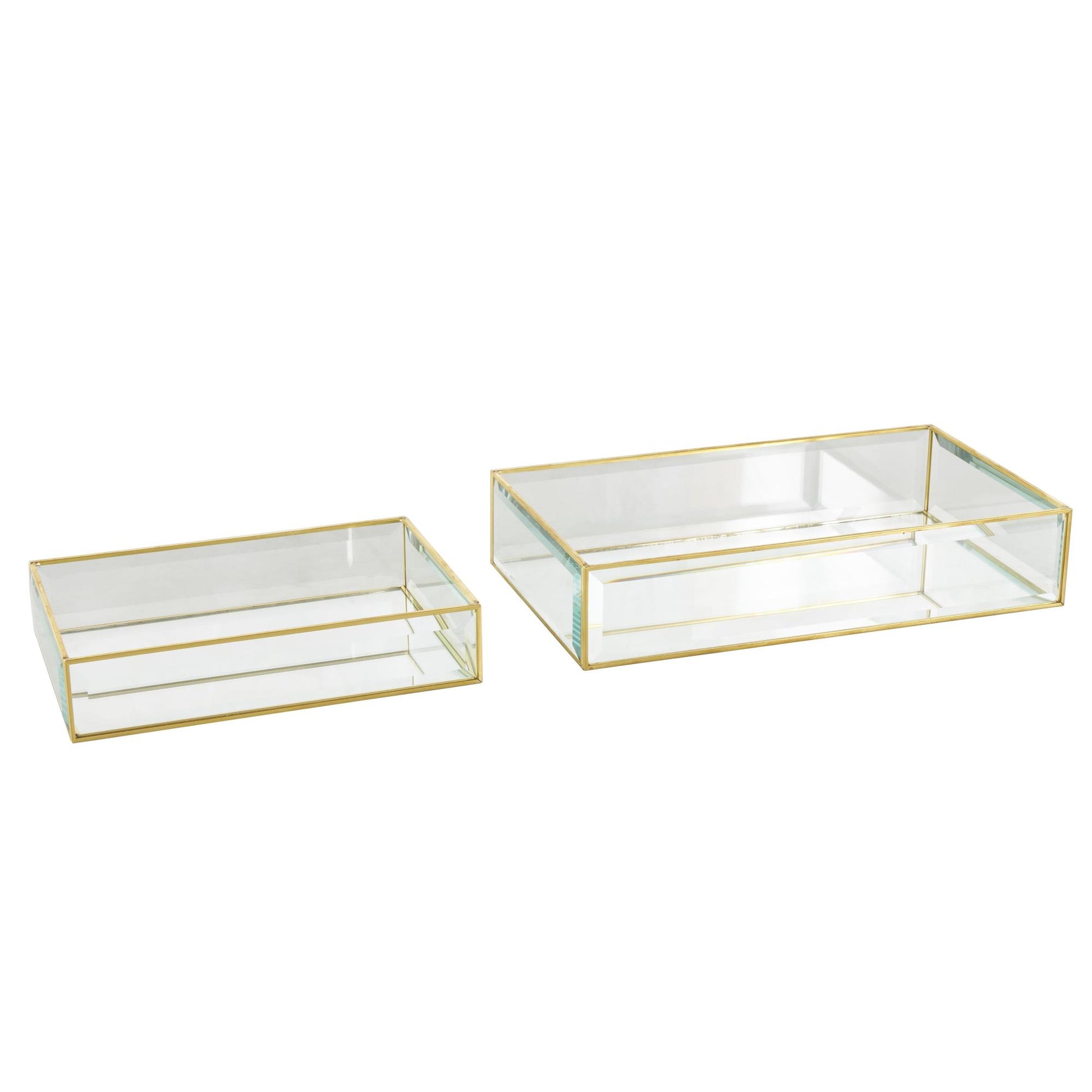 Set of 2 Clear Glass Beveled Decorative Jewelry Box with Gold Metal Frame