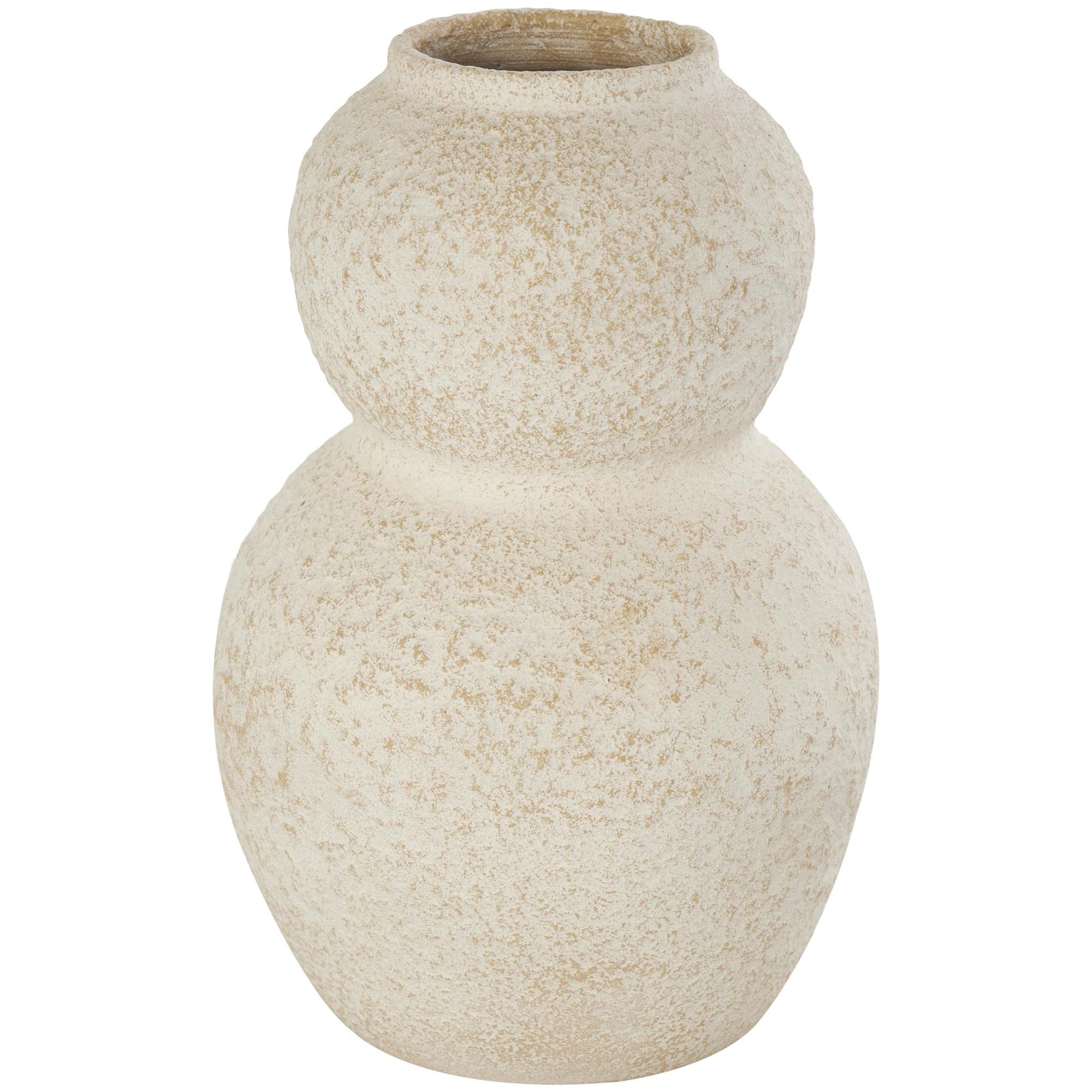 Cream Ceramic Hourglass Textured Decorative Vase with Brown Distressing