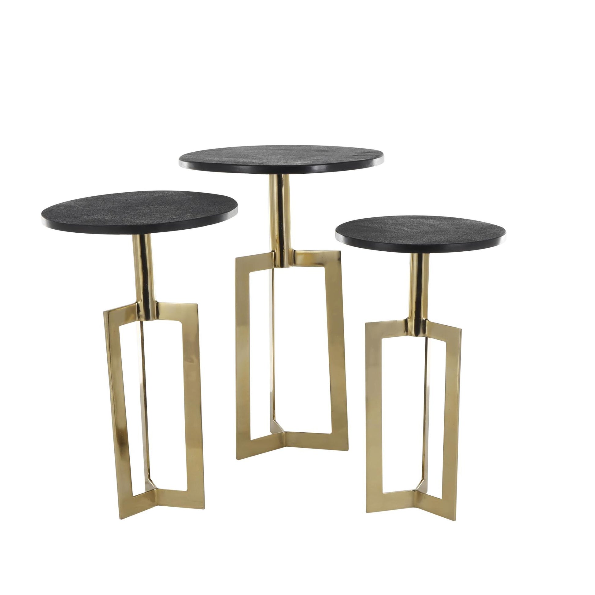 Set of 3 Geometric Aluminum Metal Side End Accent Table with Black Marble Tabletops Set of 3 24", 23", 21"H