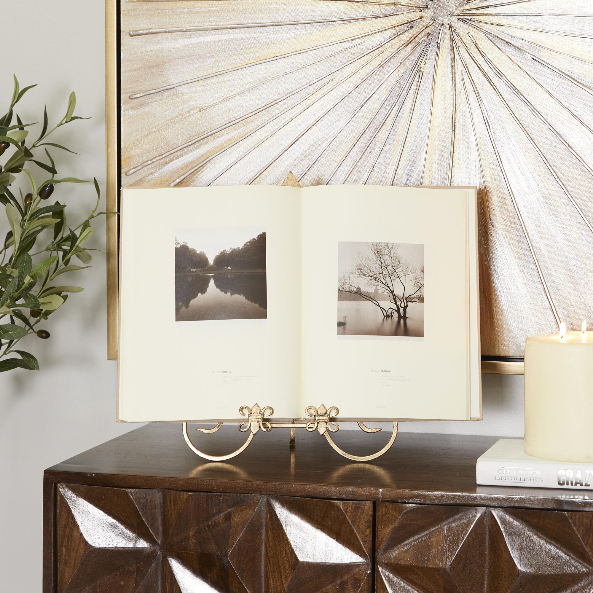 Fleur De Lis Gold Metal Tabletop Arched Display Easel with Scroll Details