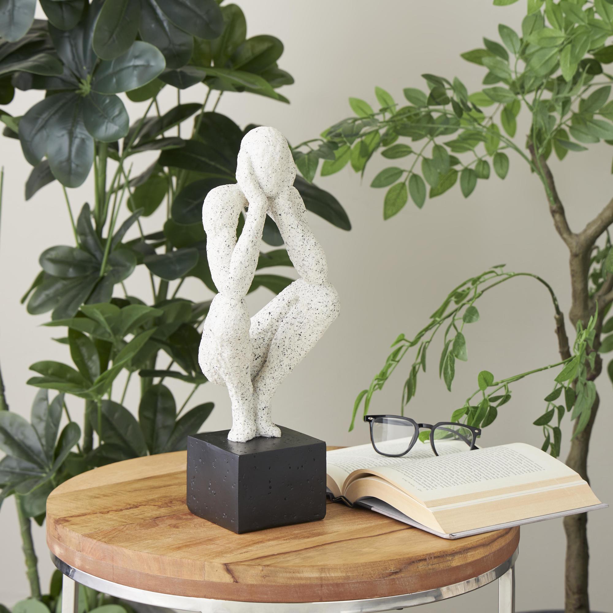 People Cream Polystone Crouching Decorative Sculpture with Black Square Base