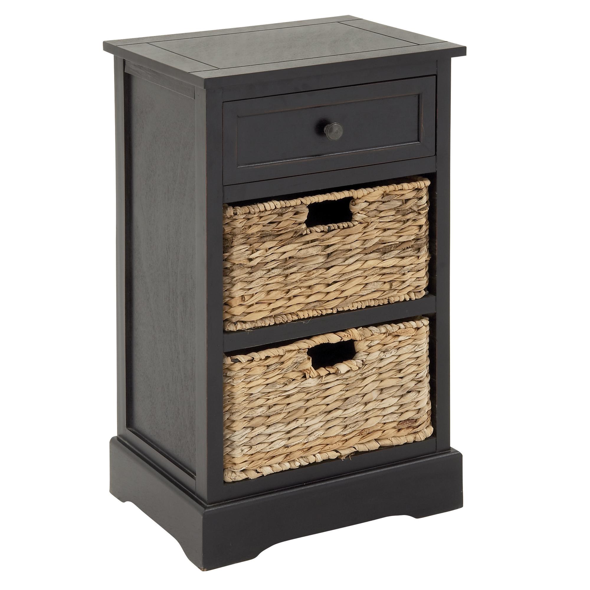 Wood 1 Drawer Room Storage Unit with 2 Wicker Basket Drawers 16" x 13" x 28"