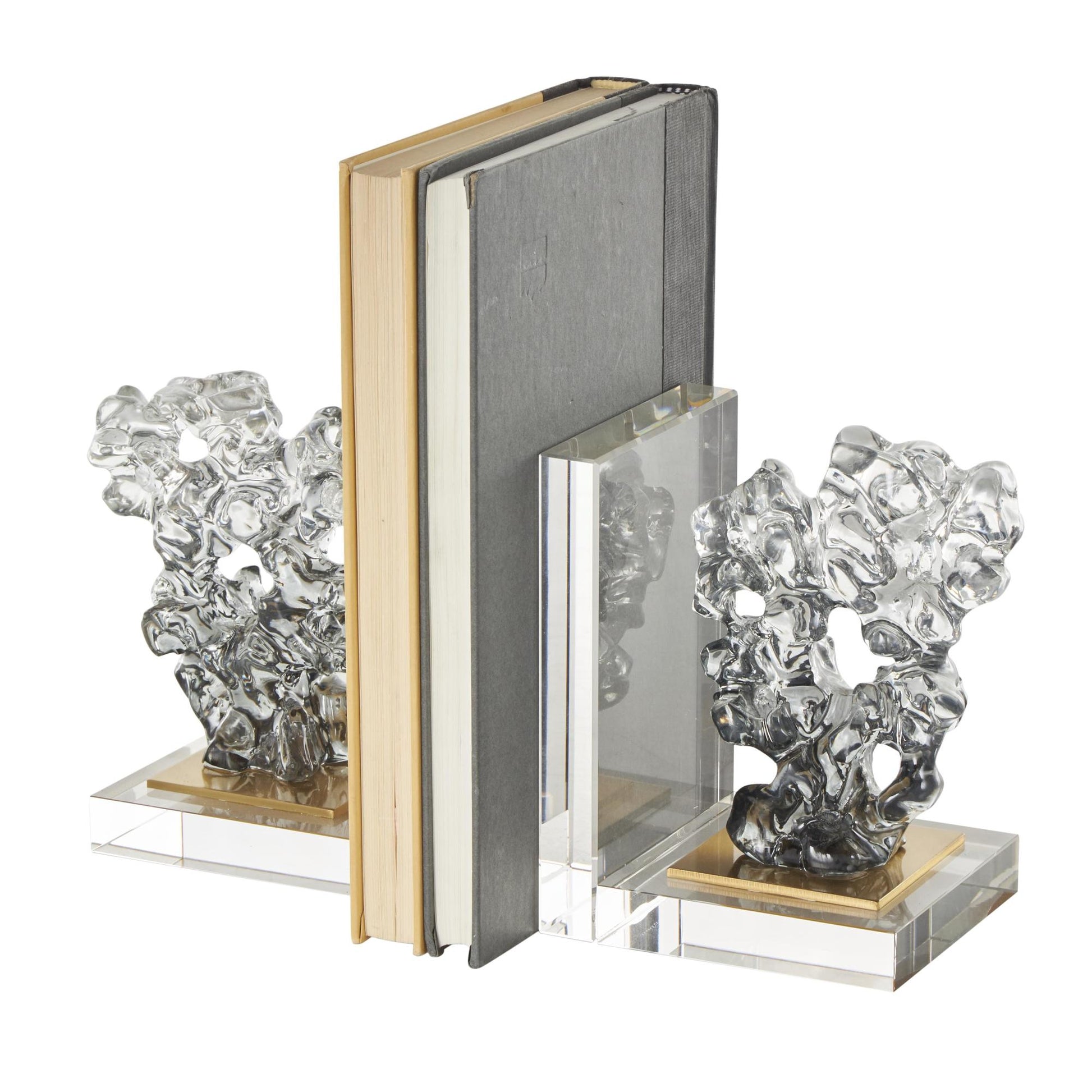 Set of 2 Coral Clear Glass Handmade Freeform Decorative Bookends with Clear Gold Supports