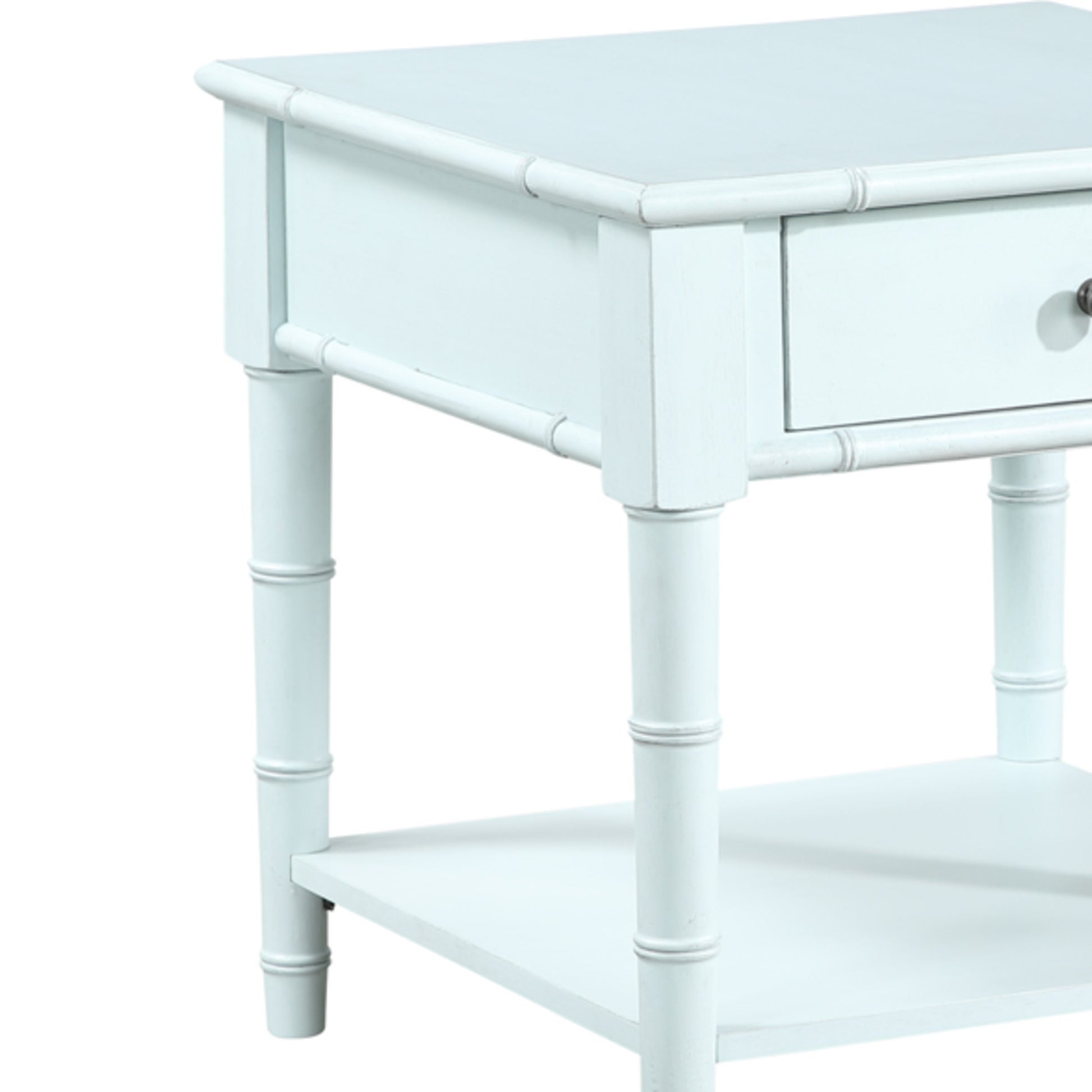 Light Blue Wood 1 Drawer Side End Accent Table with Bamboo Inspired Detailing and Bronze Knob