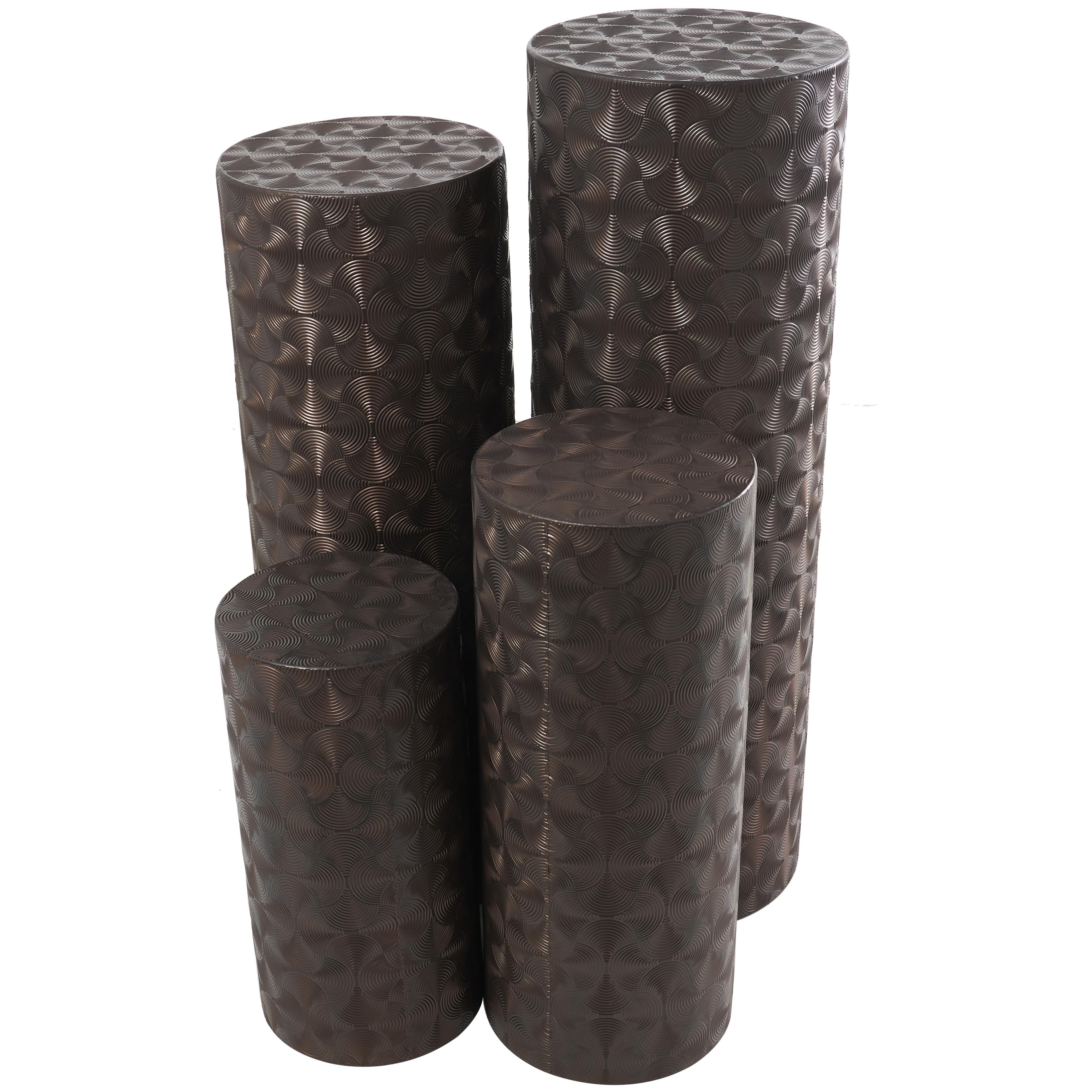 Set of 4 Metal Pillar Style Side End Pedestal Table with Hammered Design
