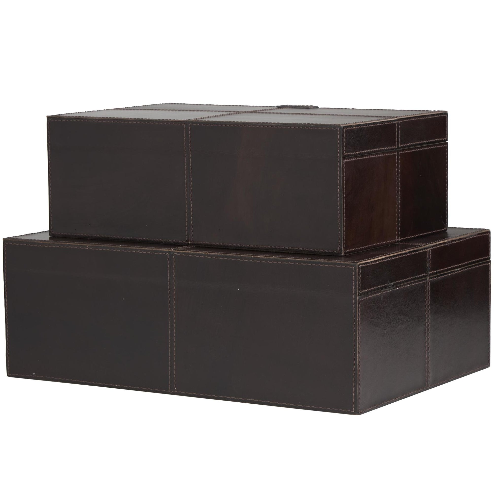 Set of 2 Leather Handmade Cowhide Storage Decorative Box with Stitching Detail