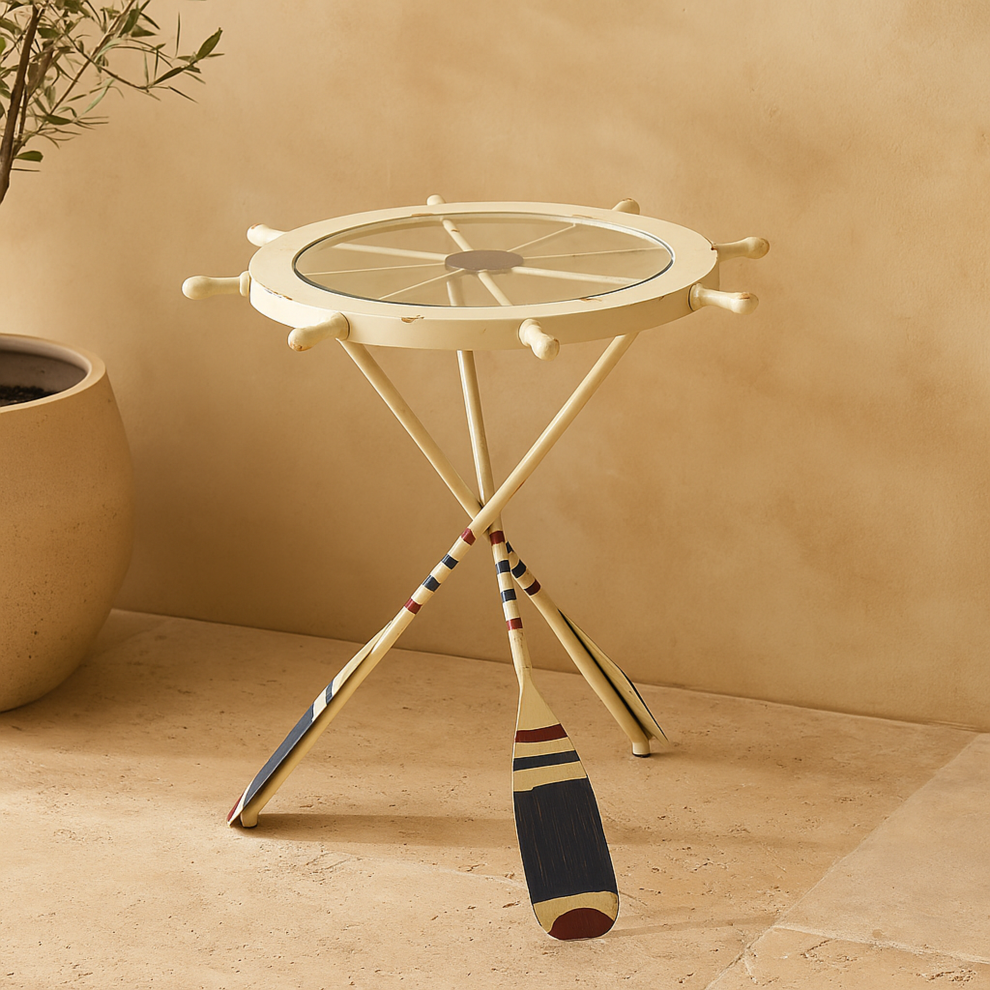 Ship Wheel White Metal Top Side End Accent Table with Oar Shaped Legs